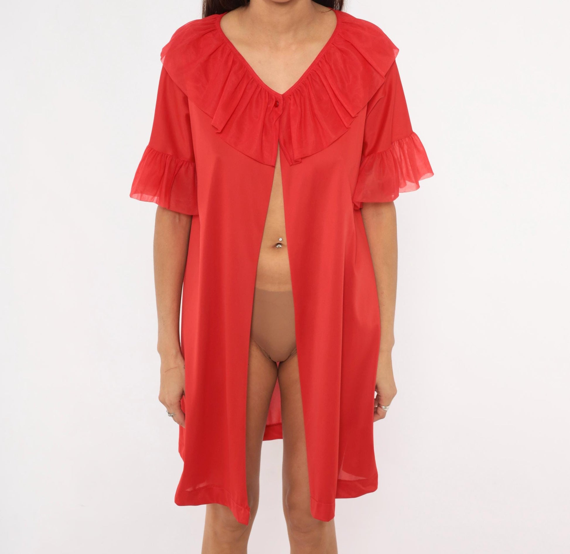 70s Le Voys Red Peignoir Robe Sheer Ruffle Collar Flutter Sleeve Medium
