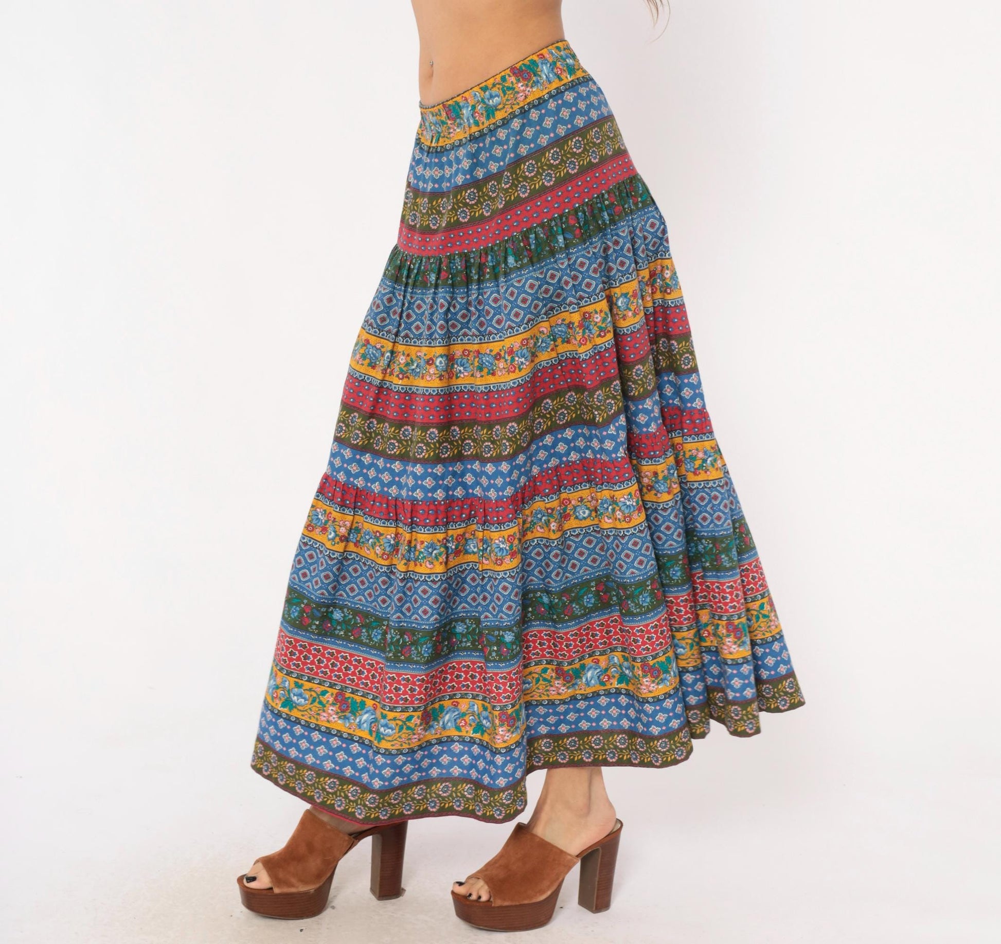 80s Anne Marie Patchwork Tiered Maxi Skirt Floral Striped Cotton Medium M