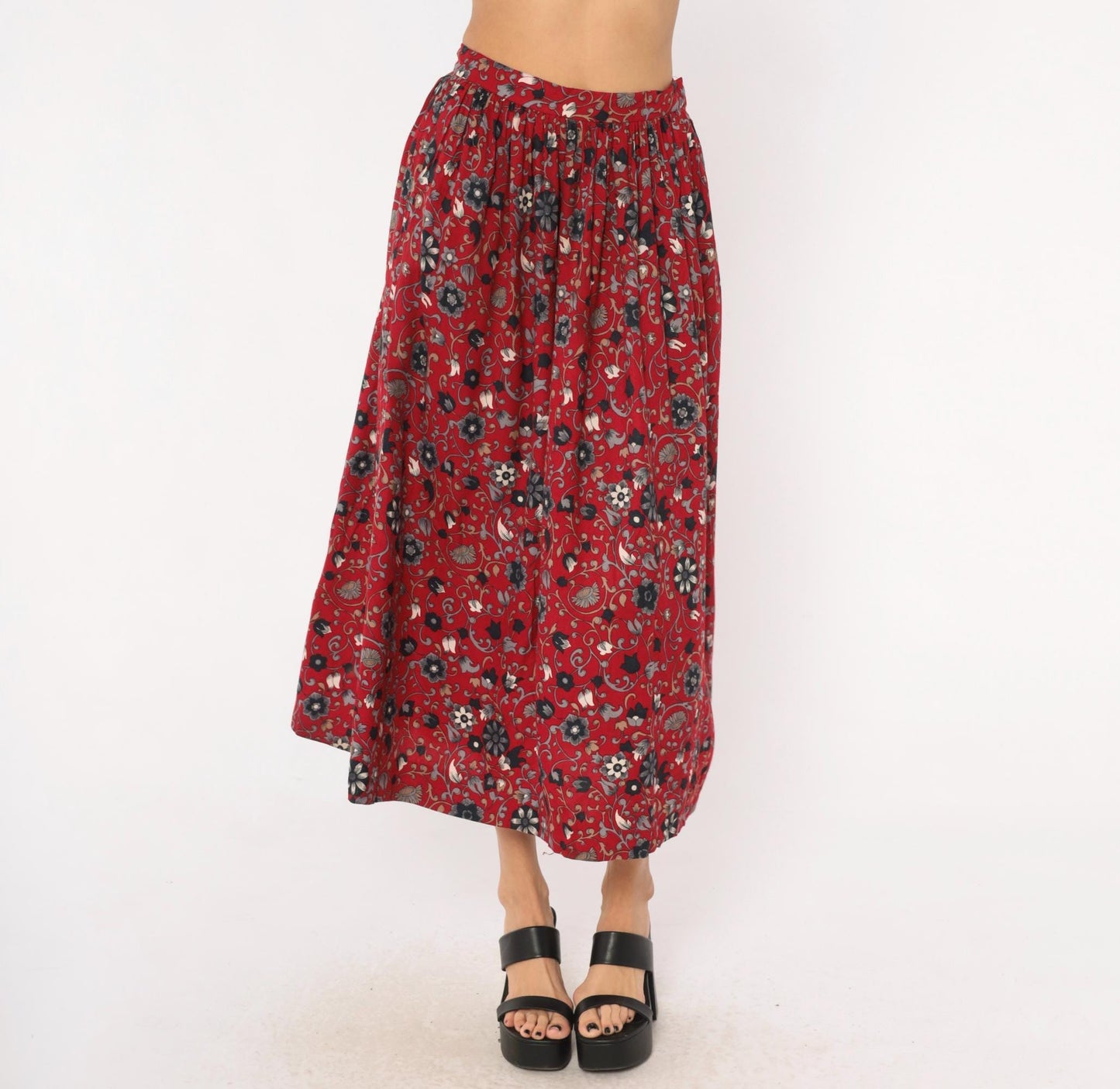 80s David Brooks Floral Midi Skirt Crimson Botanical Gathered Waist Small