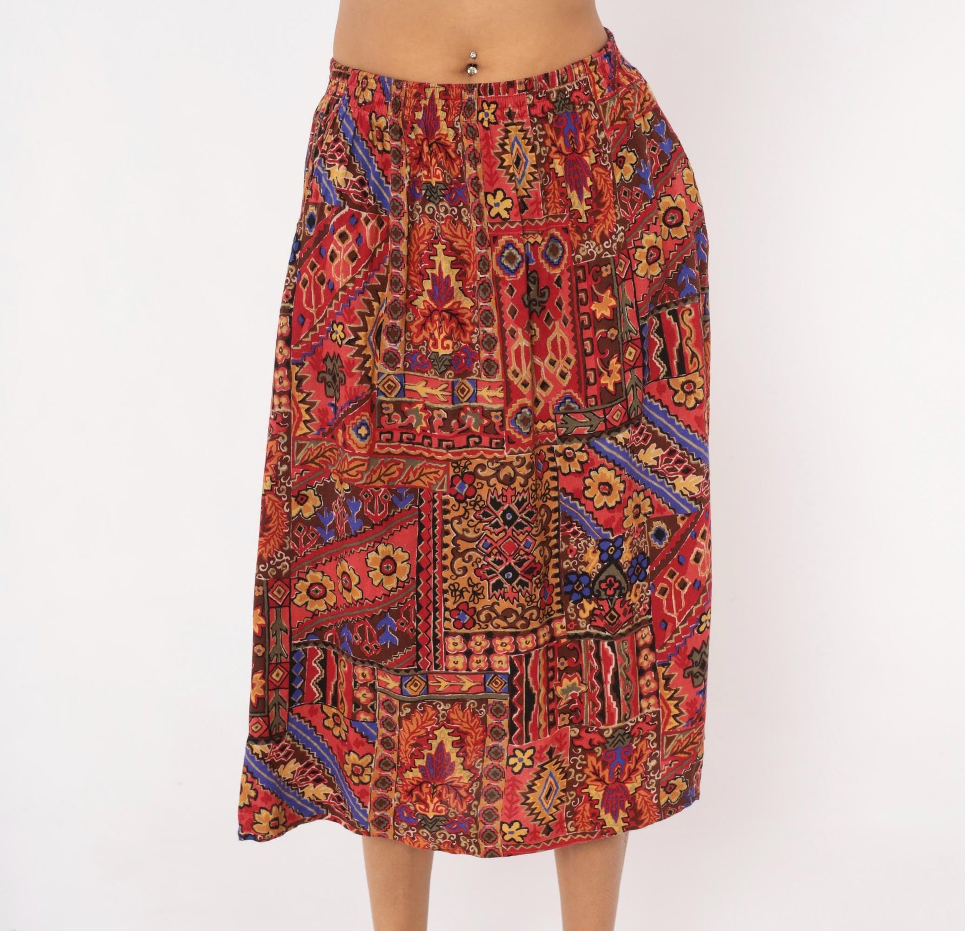 90s Block Island Patchwork Midi Skirt Kilim Print Red Burgundy Small
