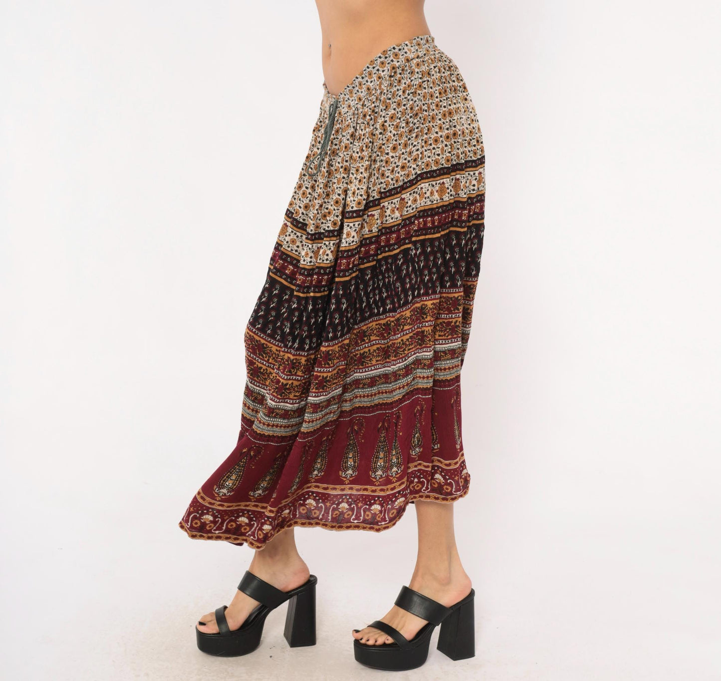 90s Sag Harbor Indian Block Print Maxi Skirt Burgundy Paisley Drawstring Large L