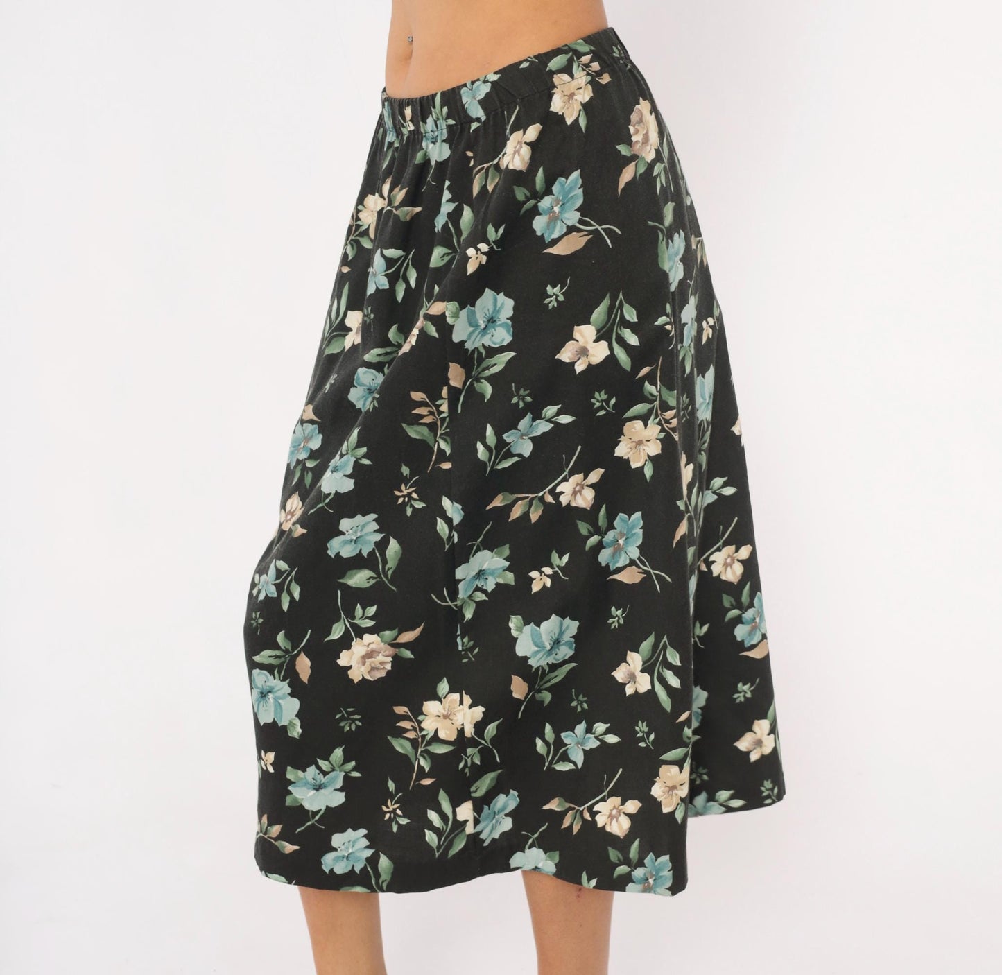 80s Blair Floral Midi Skirt Black Botanical Print Sage Green Medium