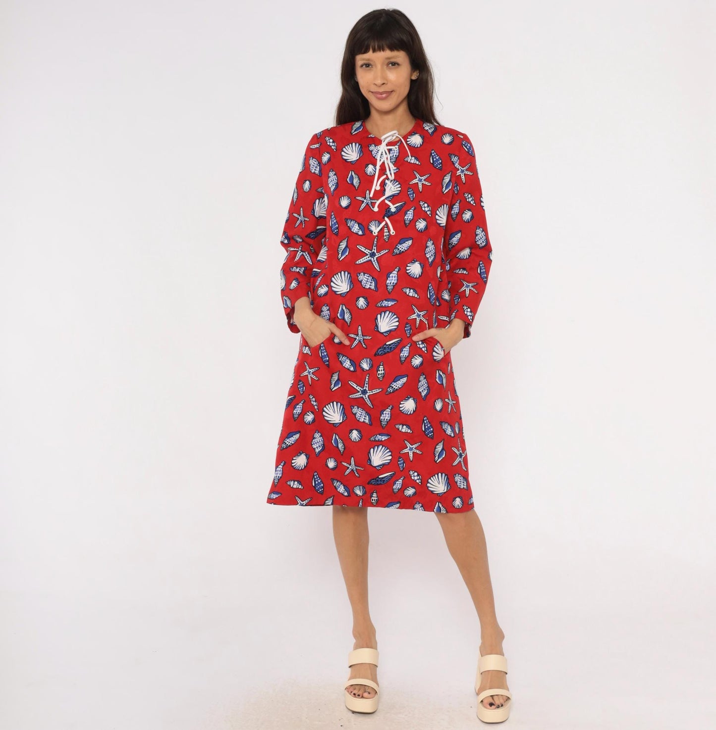 70s Bill Blass Seashell Starfish Print Shift Dress Red Cotton Lace-Up Large L