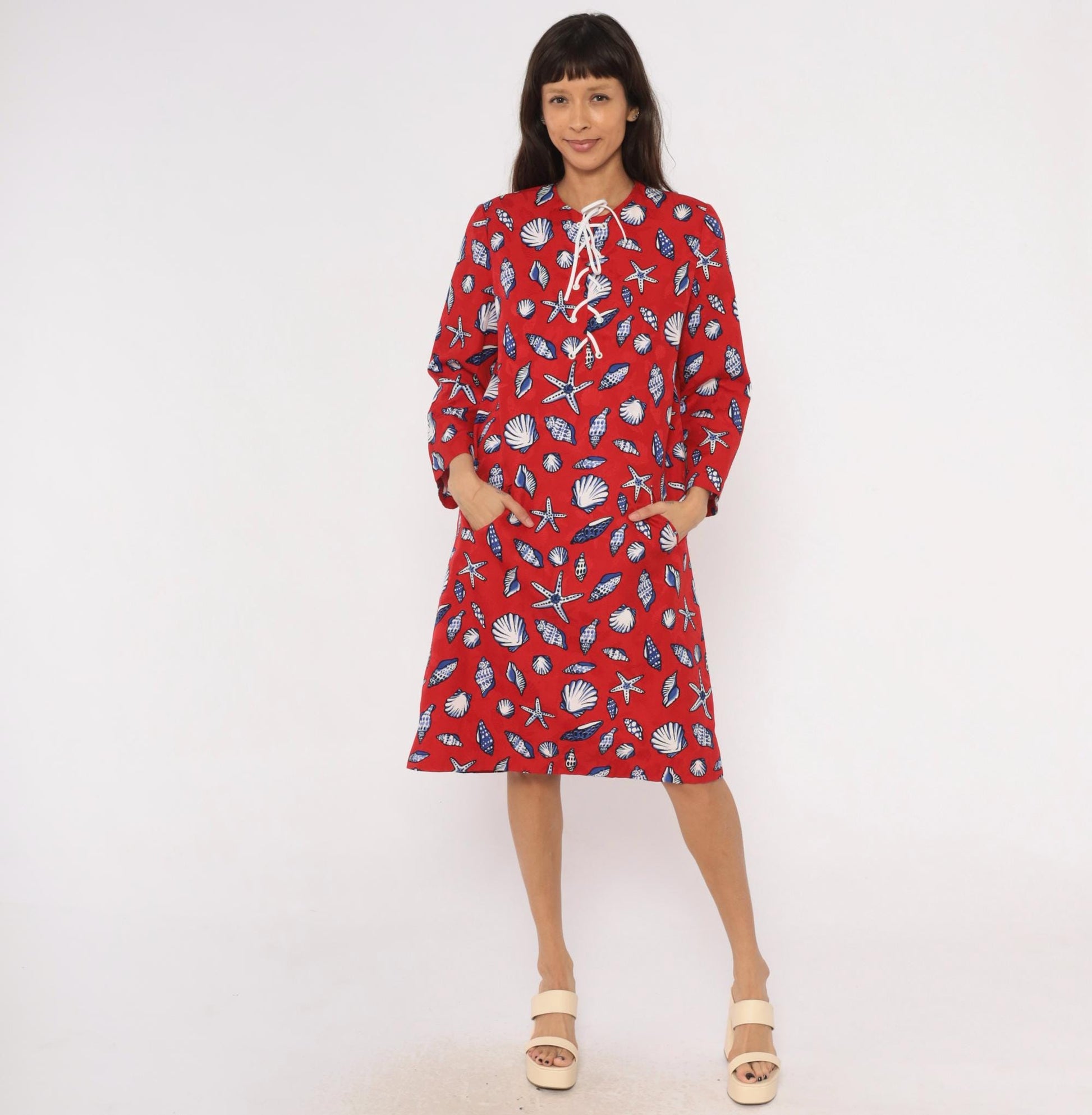 70s Bill Blass Seashell Starfish Print Shift Dress Red Cotton Lace-Up Large L