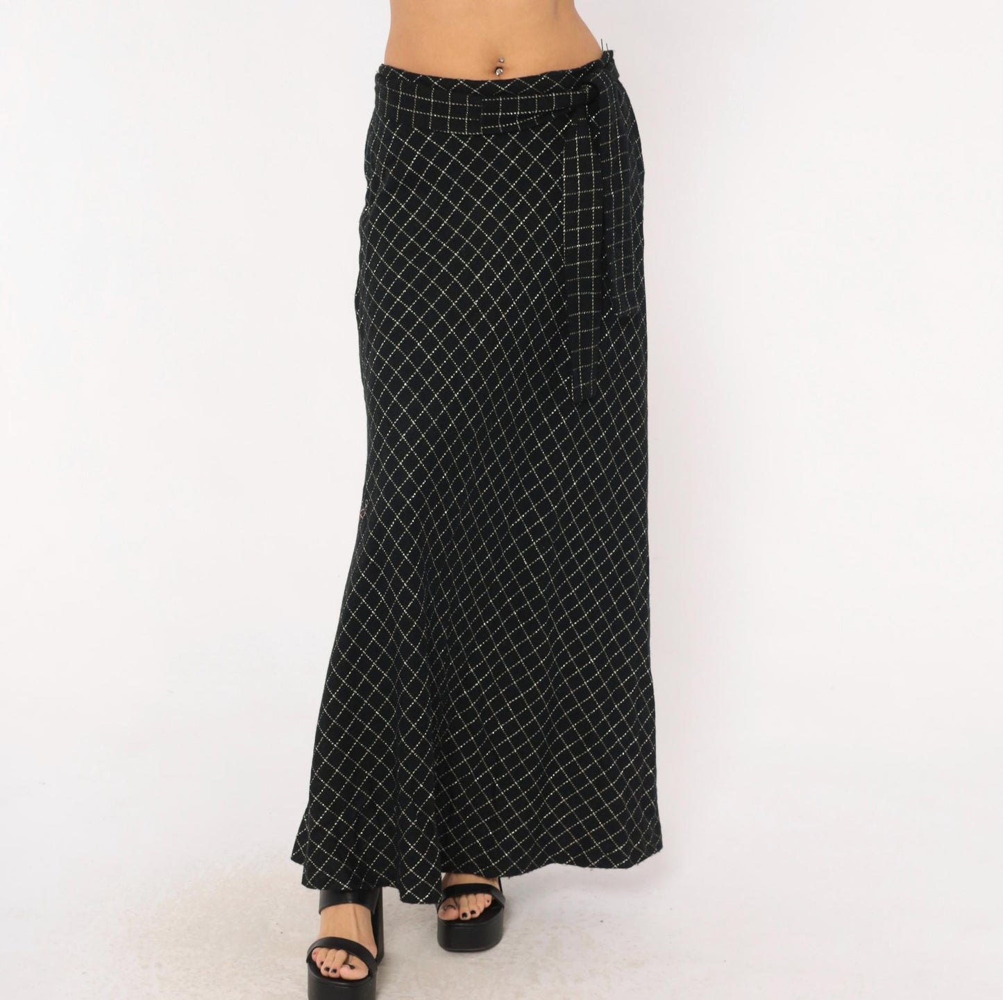 70s Signature Black Maxi Skirt Diamond Quilted Silver Metallic Medium M