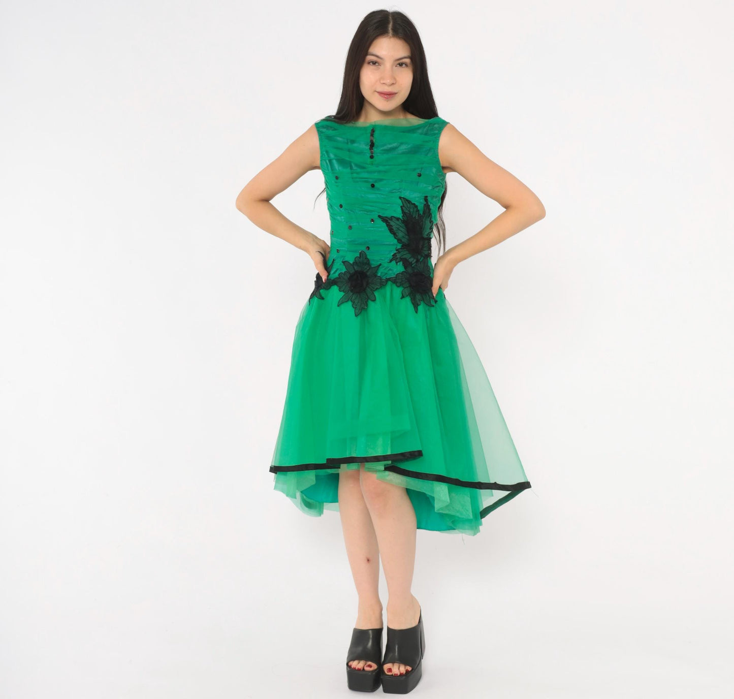 80s Emerald Green Fit Flare Party Dress Sequin Tulle High-Low Black Floral XS