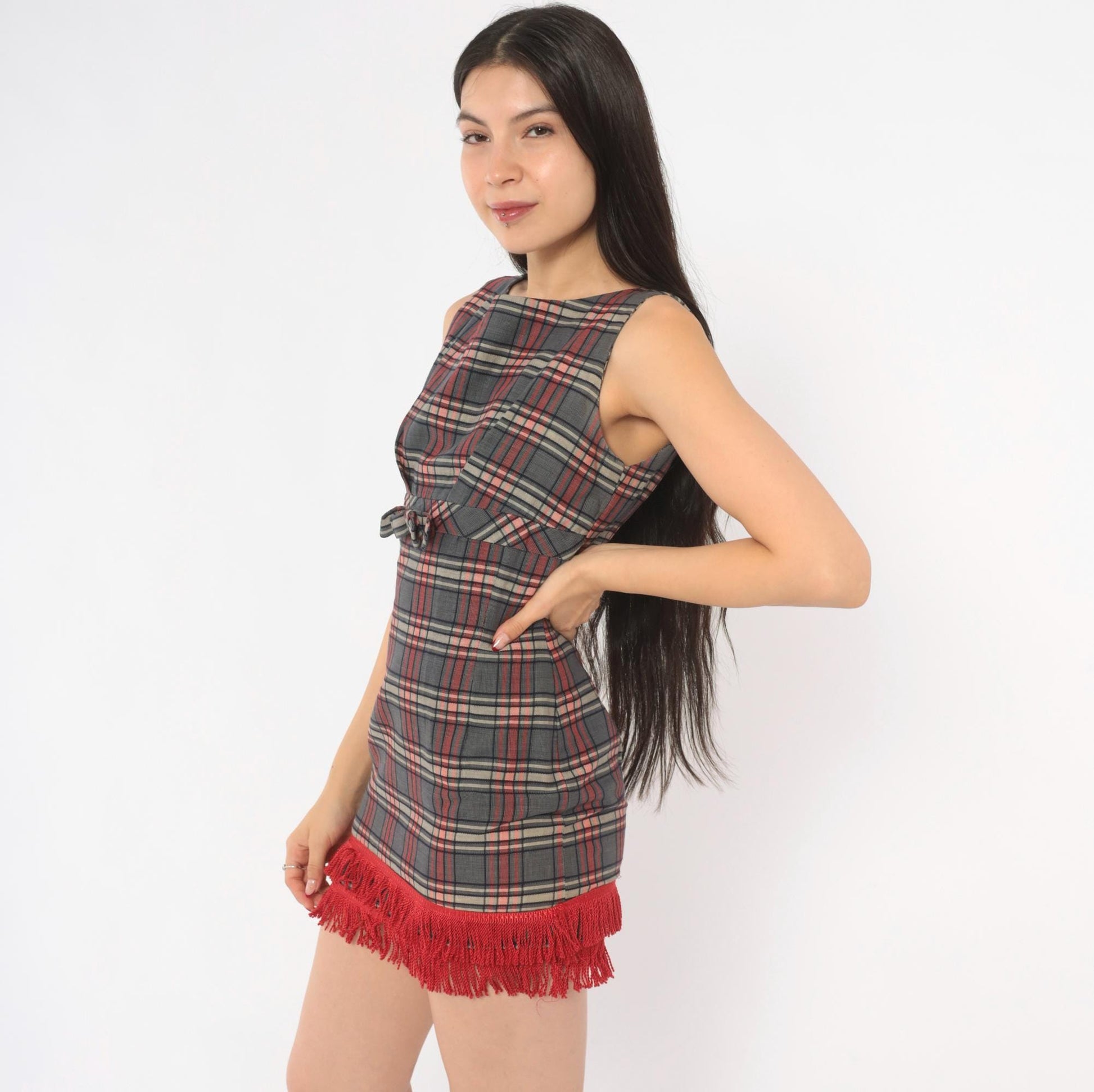60s Plaid Mini Dress Grey Red Tartan Sleeveless Bow Empire Waist XS