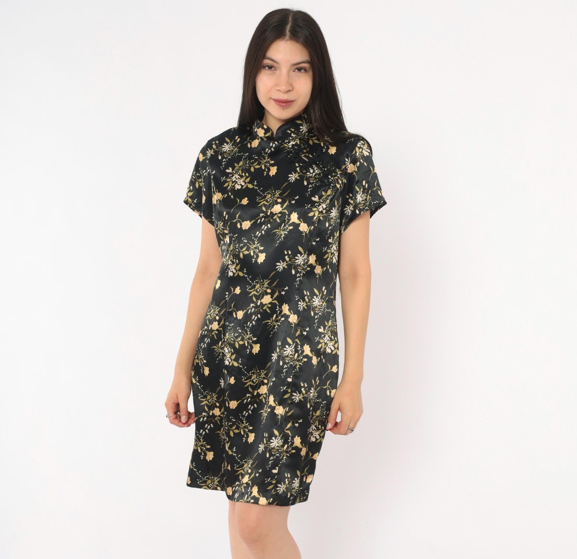 90s Dby Cheongsam Dress Black Gold Floral Brocade Mandarin Collar Mini Medium M