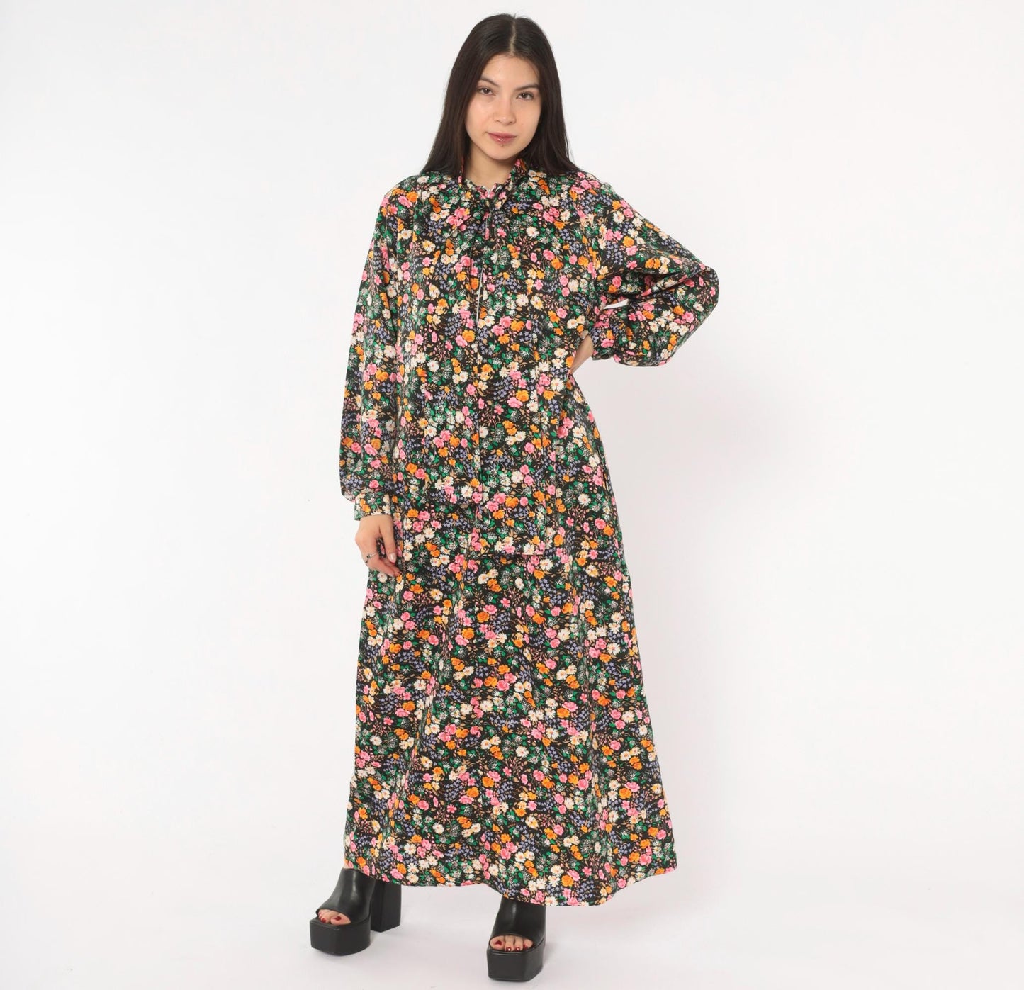 70s Atkins Black Floral Maxi Dress Bell Sleeve Bow Neck Garden Print Medium M