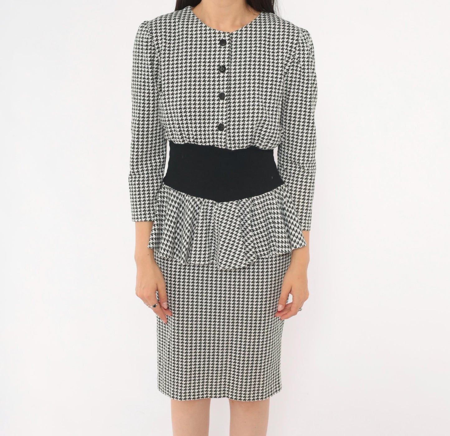 90s Breakin' Loose Houndstooth Peplum Dress Black White Check Small