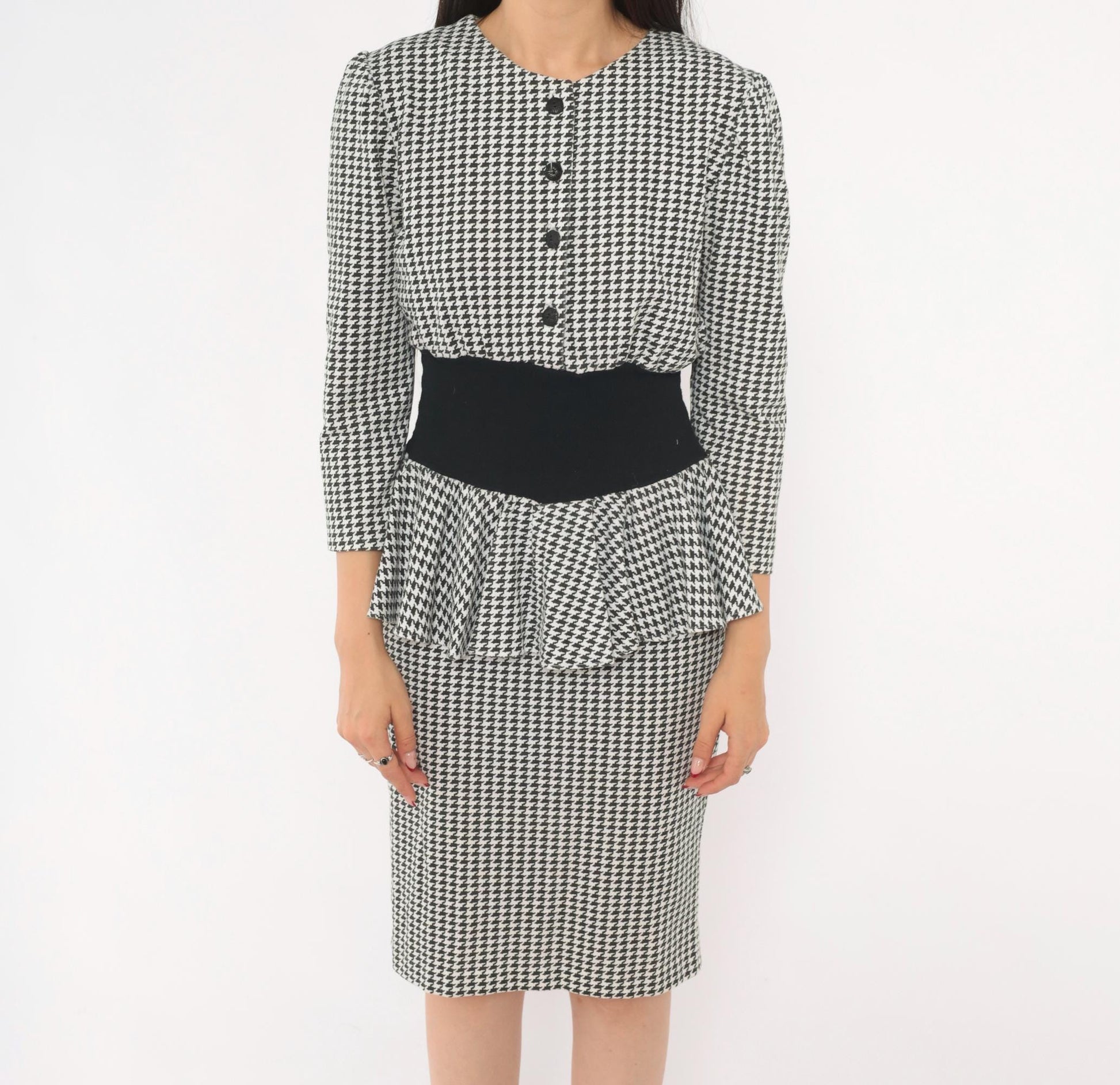 90s Breakin' Loose Houndstooth Peplum Dress Black White Check Small