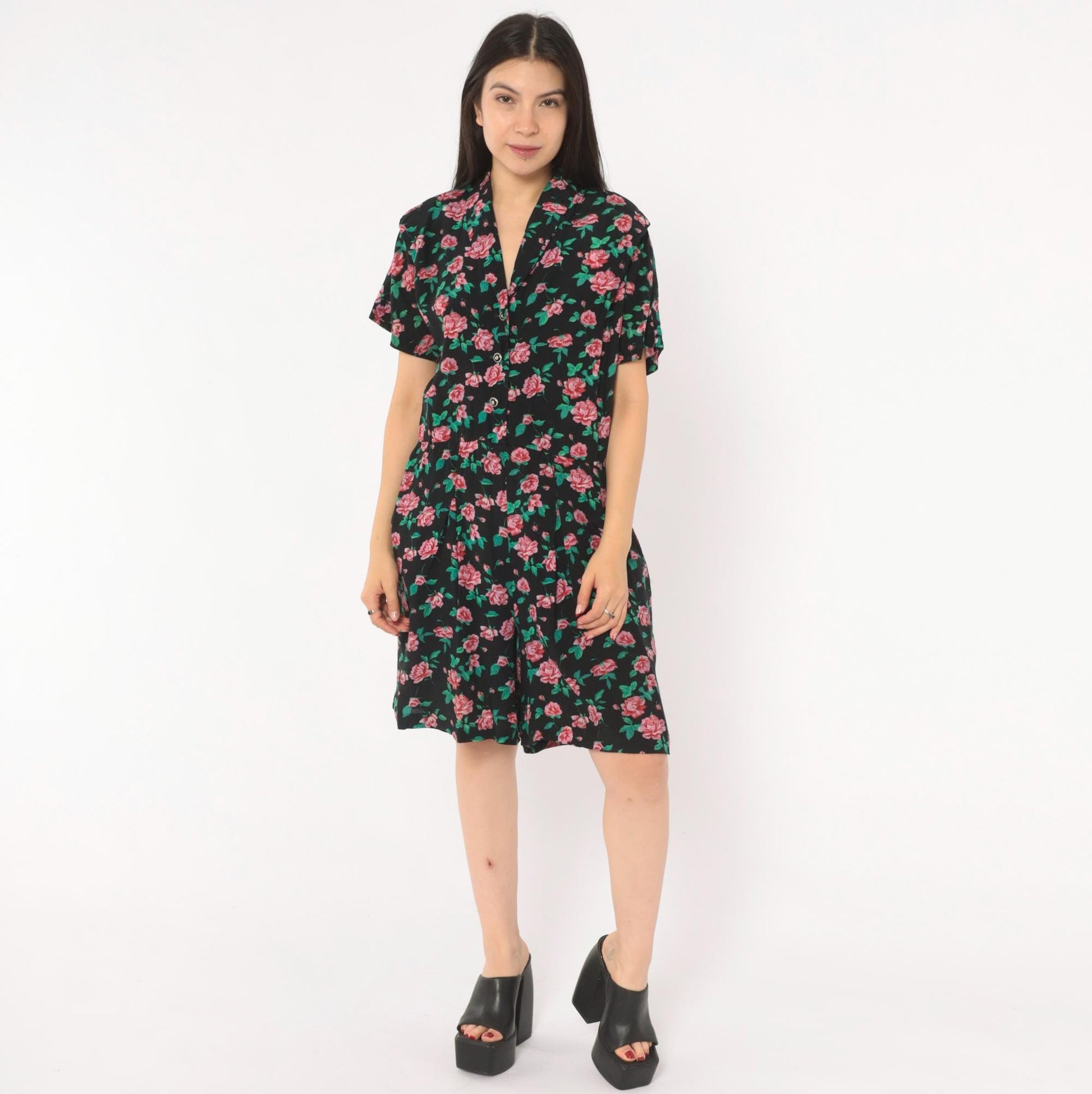 90s All That Jazz Floral Romper Black Pink Rose Print V-Neck Small S