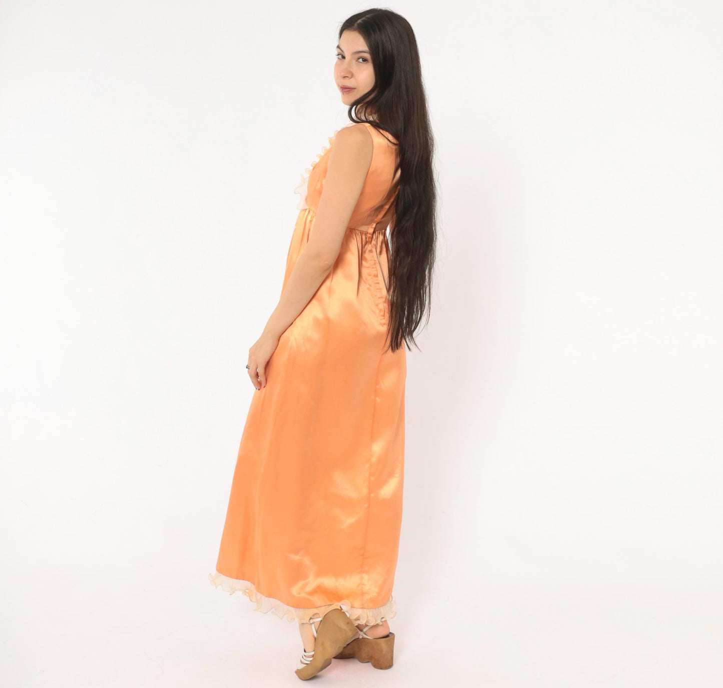 70s Peach Satin Nightgown Surplice V Neck Ruffle Lace Maxi Slip Extra Small XS