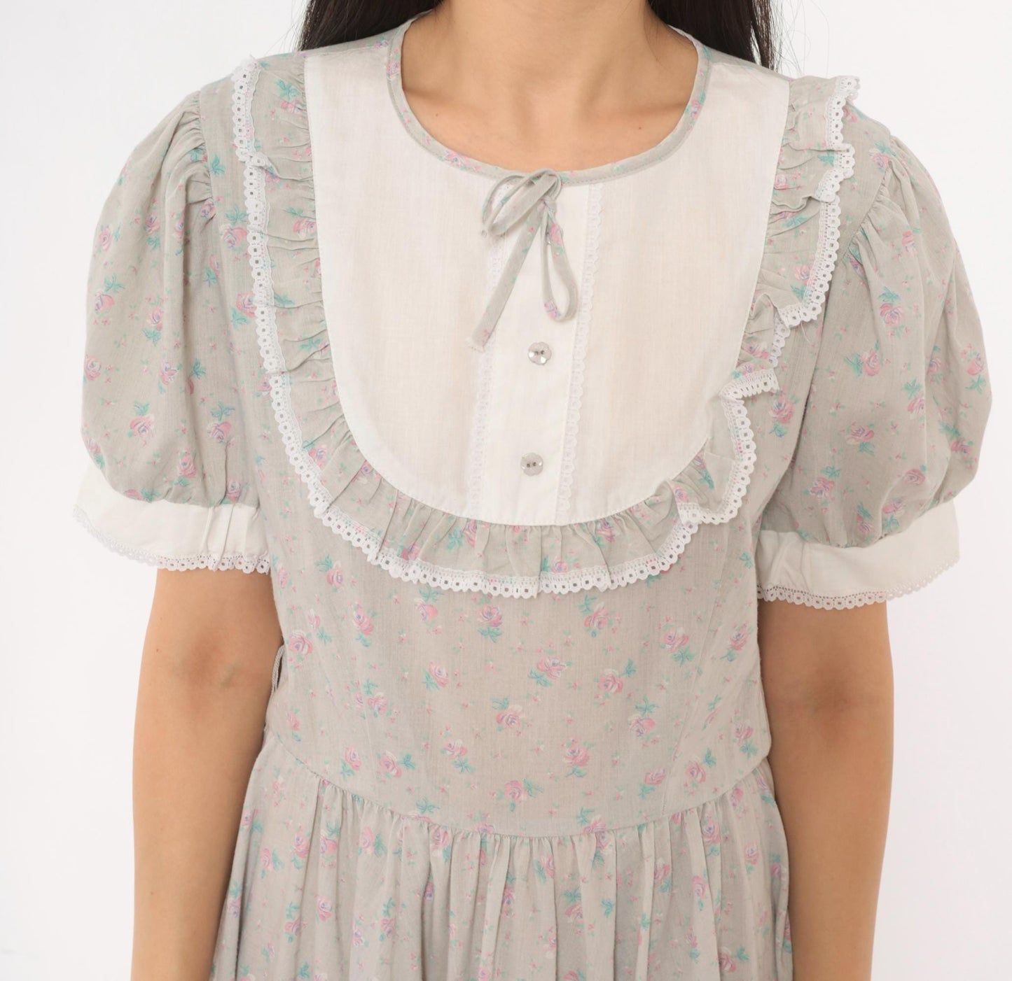 70s Jeri Bee Grey Floral Bib Dress Puff Sleeve Prairie Calico Small