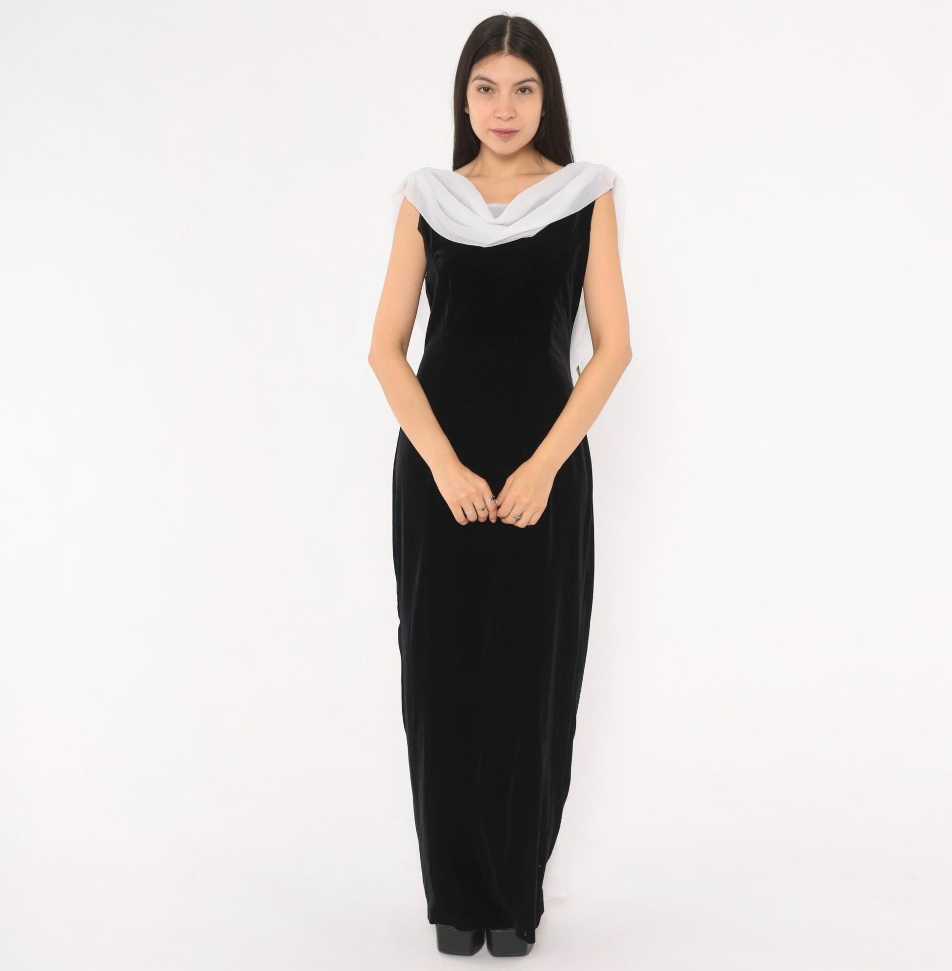 90s Night Way Black Velvet Column Gown White Chiffon Cowl Open Back Floor Length Large L