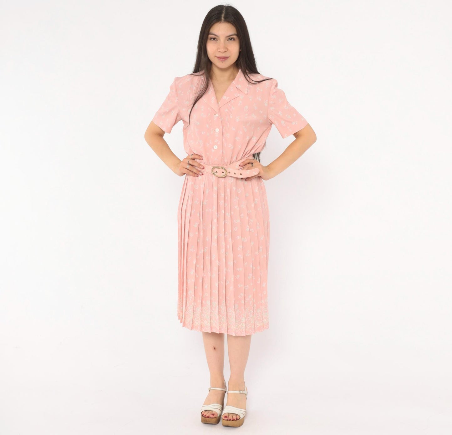 80s Leslie Fay Pink Floral Shirtdress Pleated Midi Notched Collar Small
