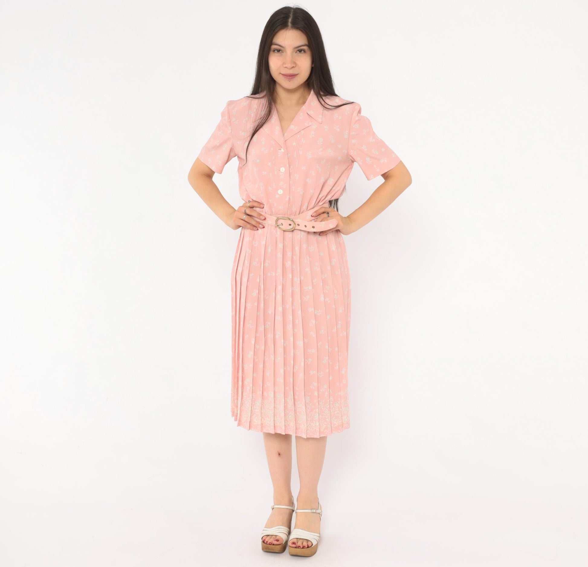 80s Leslie Fay Pink Floral Shirtdress Pleated Midi Notched Collar Small