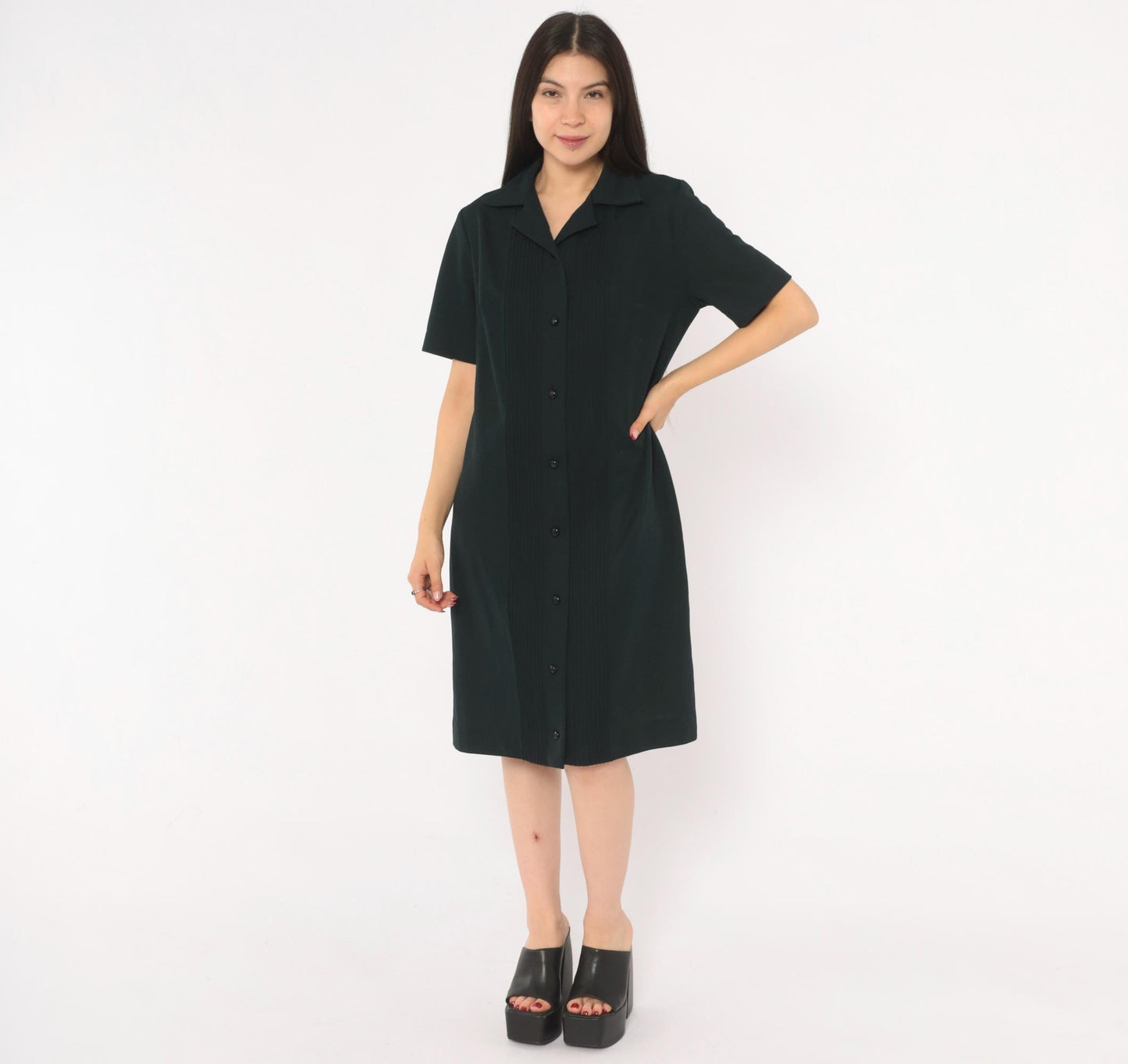 70s Black Pintuck Shirtdress Button Front Notched Collar Knee Length Large L