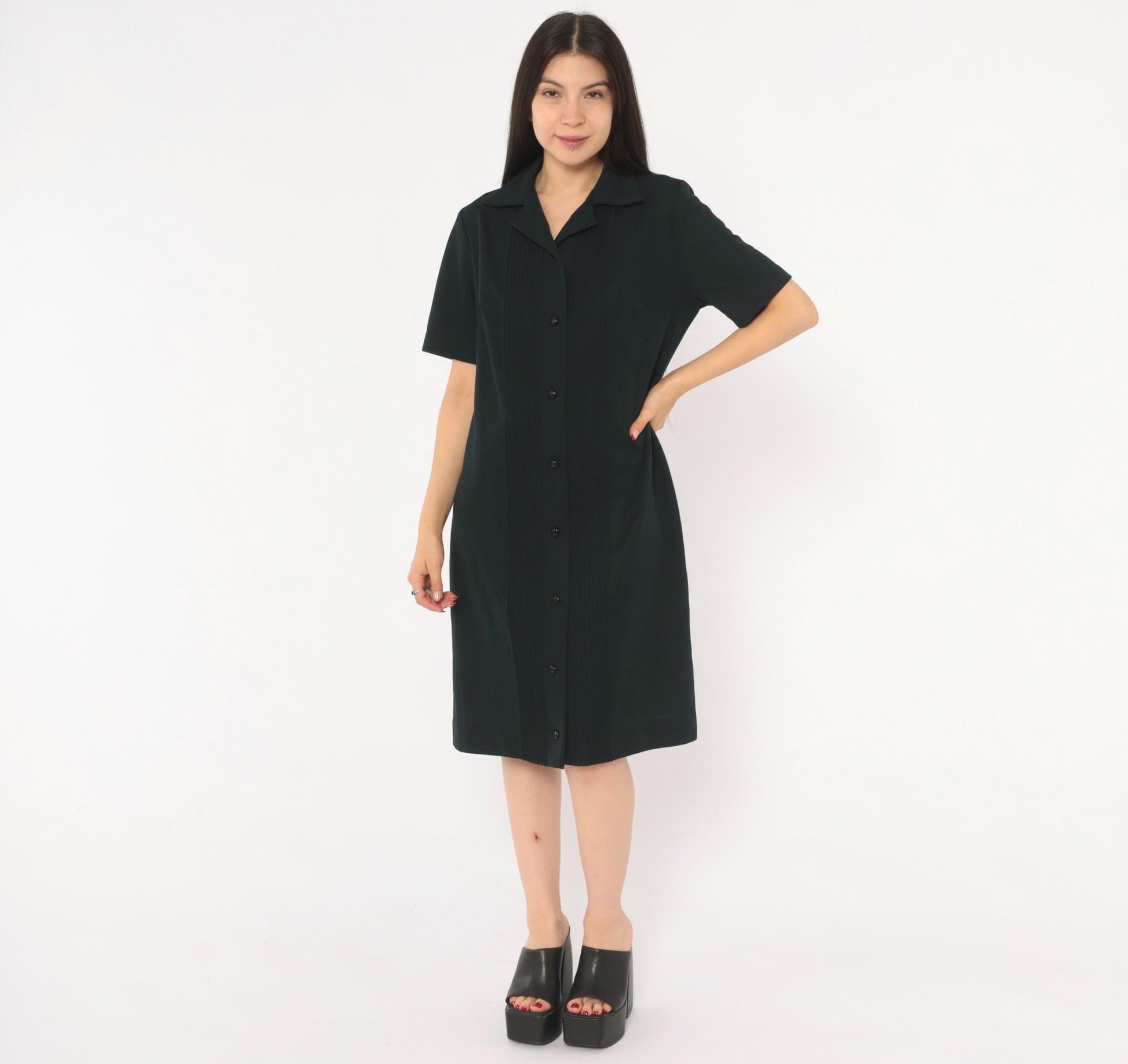 70s Black Pintuck Shirtdress Button Front Notched Collar Knee Length Large L
