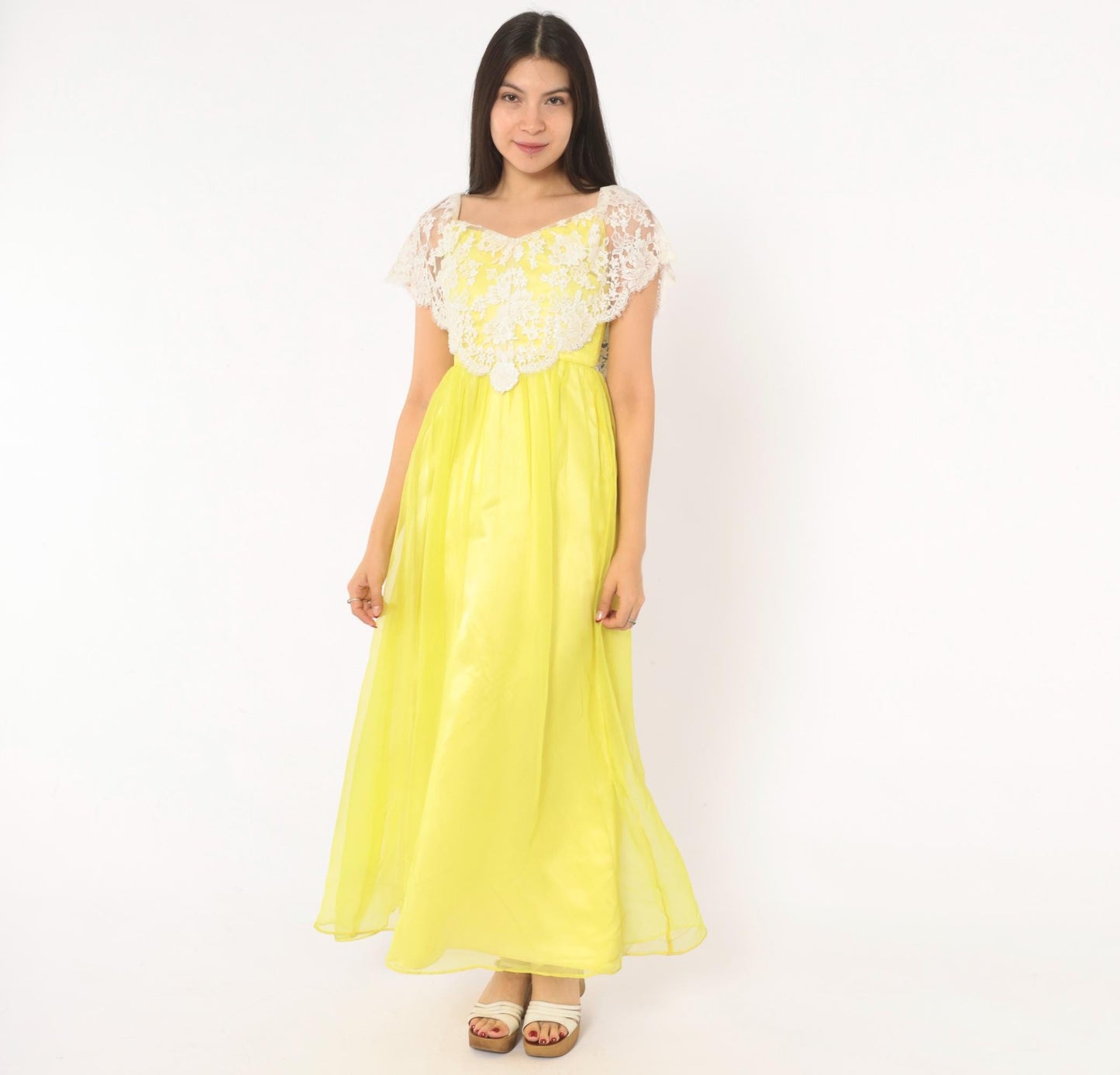 70s Yellow Chiffon Maxi Dress White Lace Overlay Empire Waist V Neck Extra Small XS