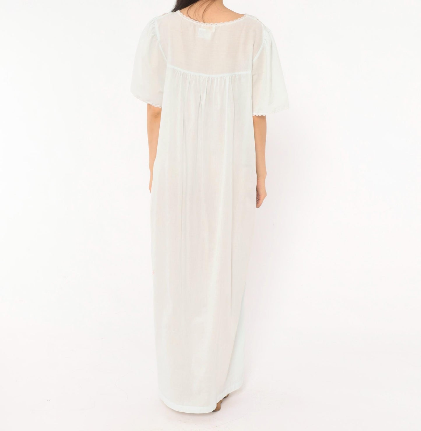 80s Barbizon Pale Blue Maxi Nightgown Lace Yoke Embroidered Puff Sleeve Large L