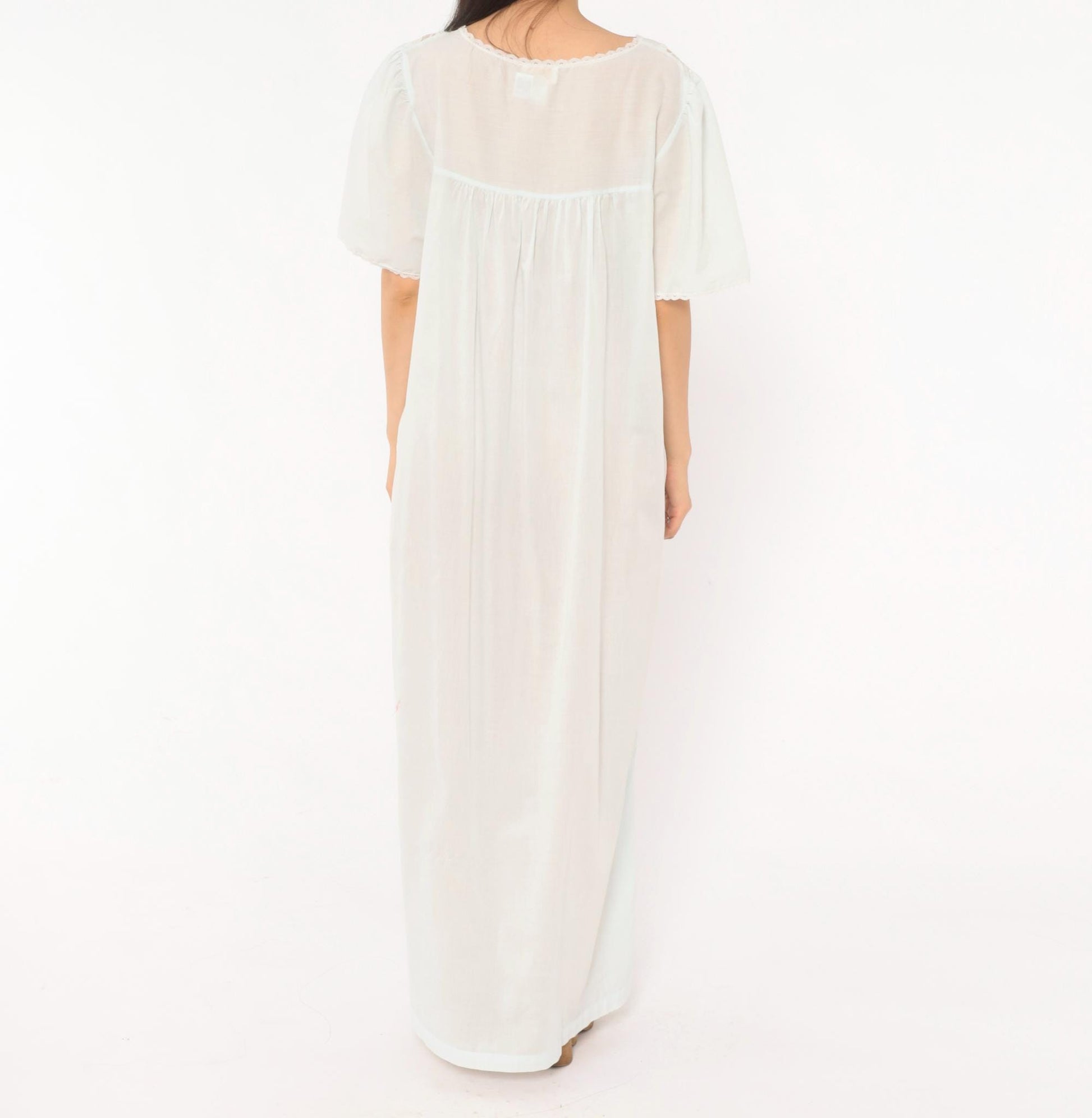 80s Barbizon Pale Blue Maxi Nightgown Lace Yoke Embroidered Puff Sleeve Large L