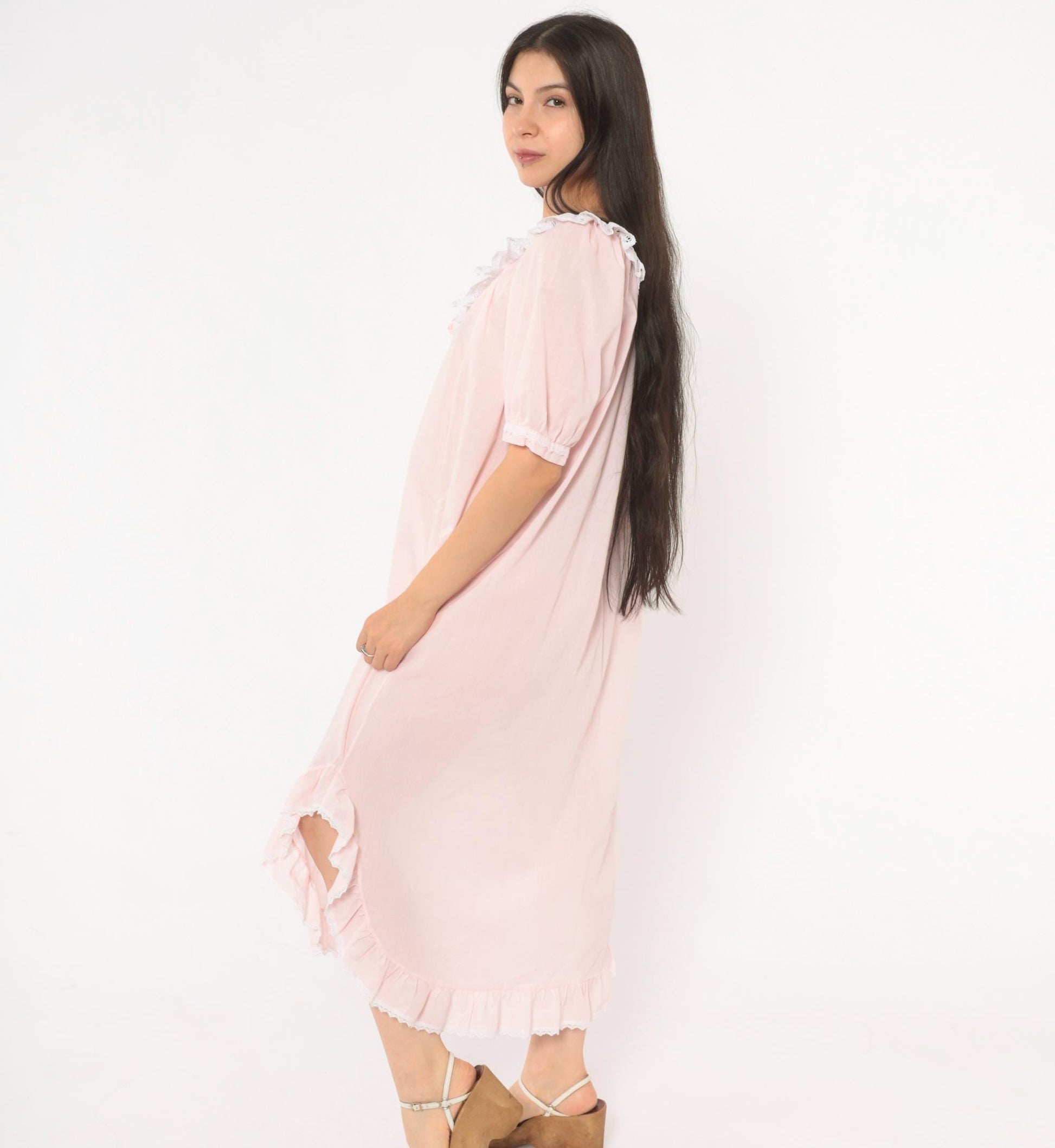 90s Apostrophe Pink Lace Nightgown Puff Sleeve Tie Front Medium M
