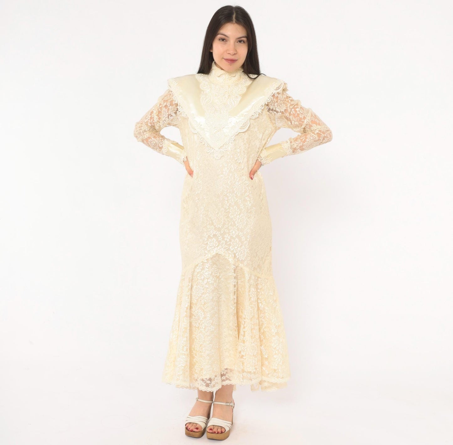 80s Jessica Mclintock Cream Lace Mermaid Wedding Dress High Neck Satin Bib Medium M