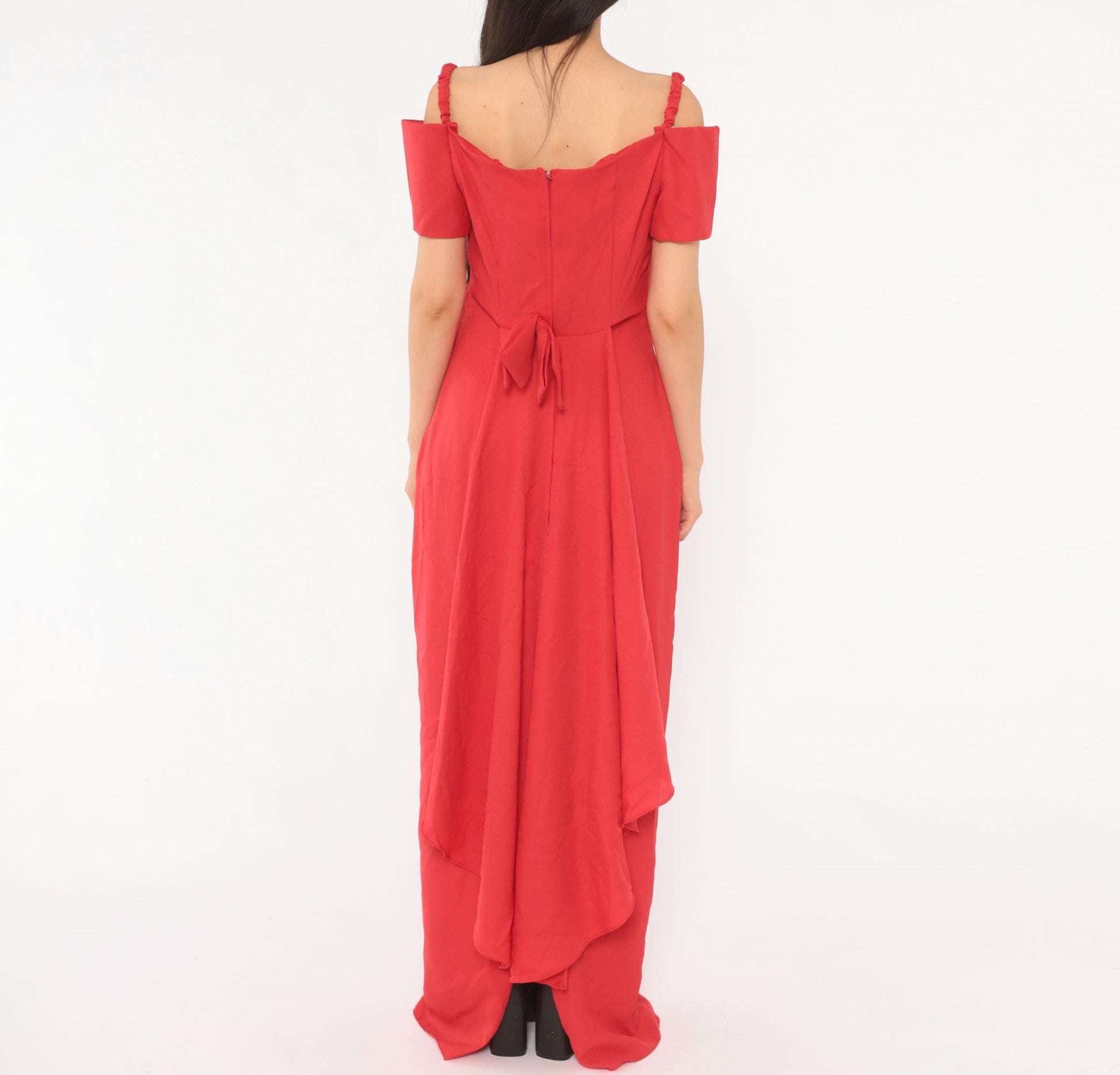 90s Red Off-Shoulder Maxi Gown Spaghetti Strap Bow Back Medium M