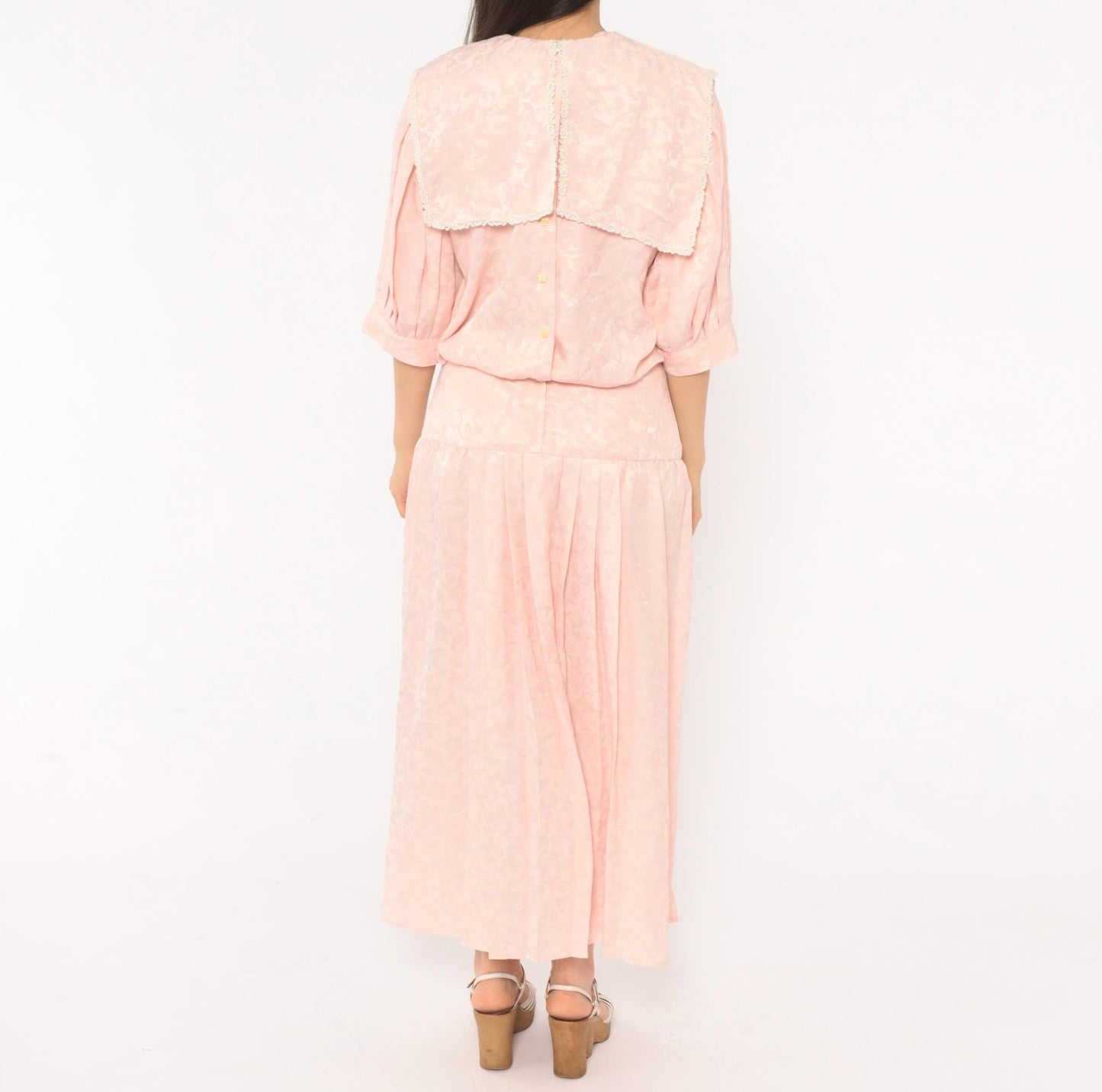 80s Nilani Blush Pink Maxi Dress Lace Cape Collar Floral Jacquard Small