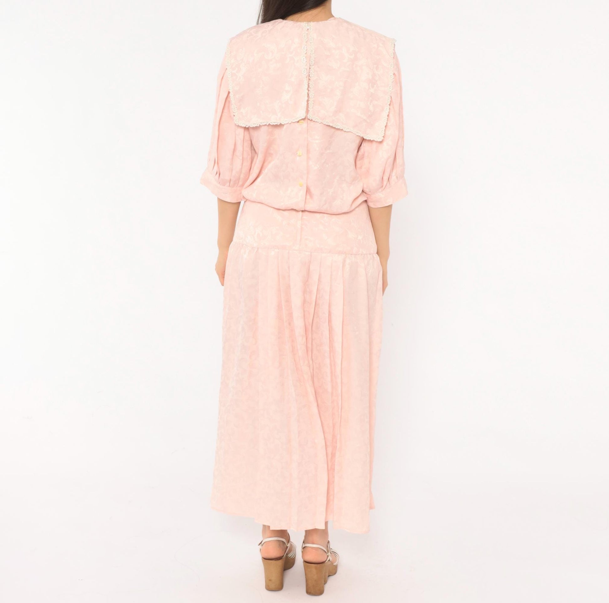 80s Nilani Blush Pink Maxi Dress Lace Cape Collar Floral Jacquard Small