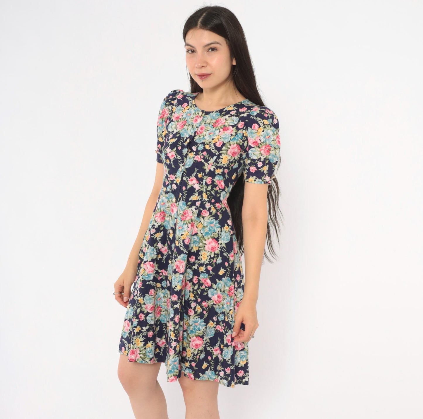 90s Sweet Soda Floral Mini Dress Navy Puff Sleeve Lace-Up Cotton XXS