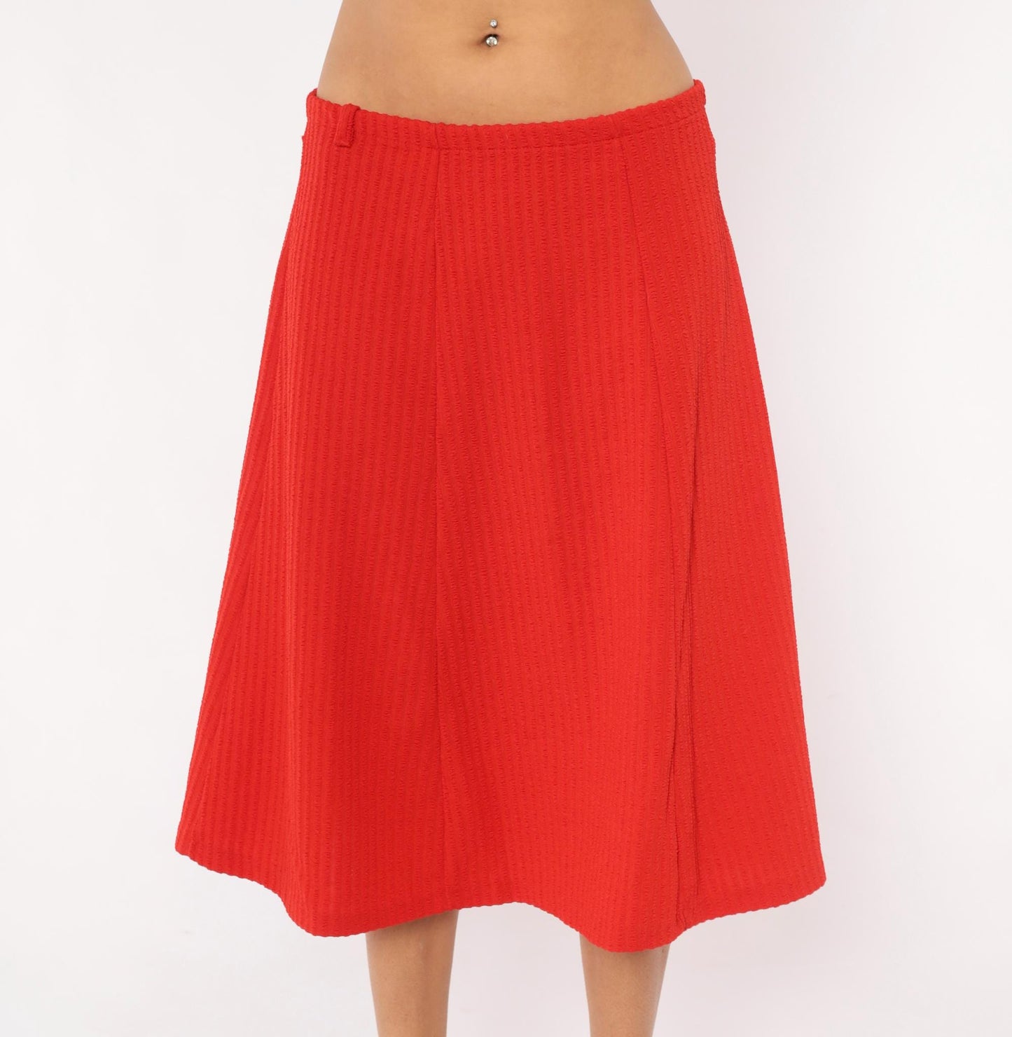 70s Ecco Bay Red A-Line Skirt Ribbed Pleated Knee-Length Large L