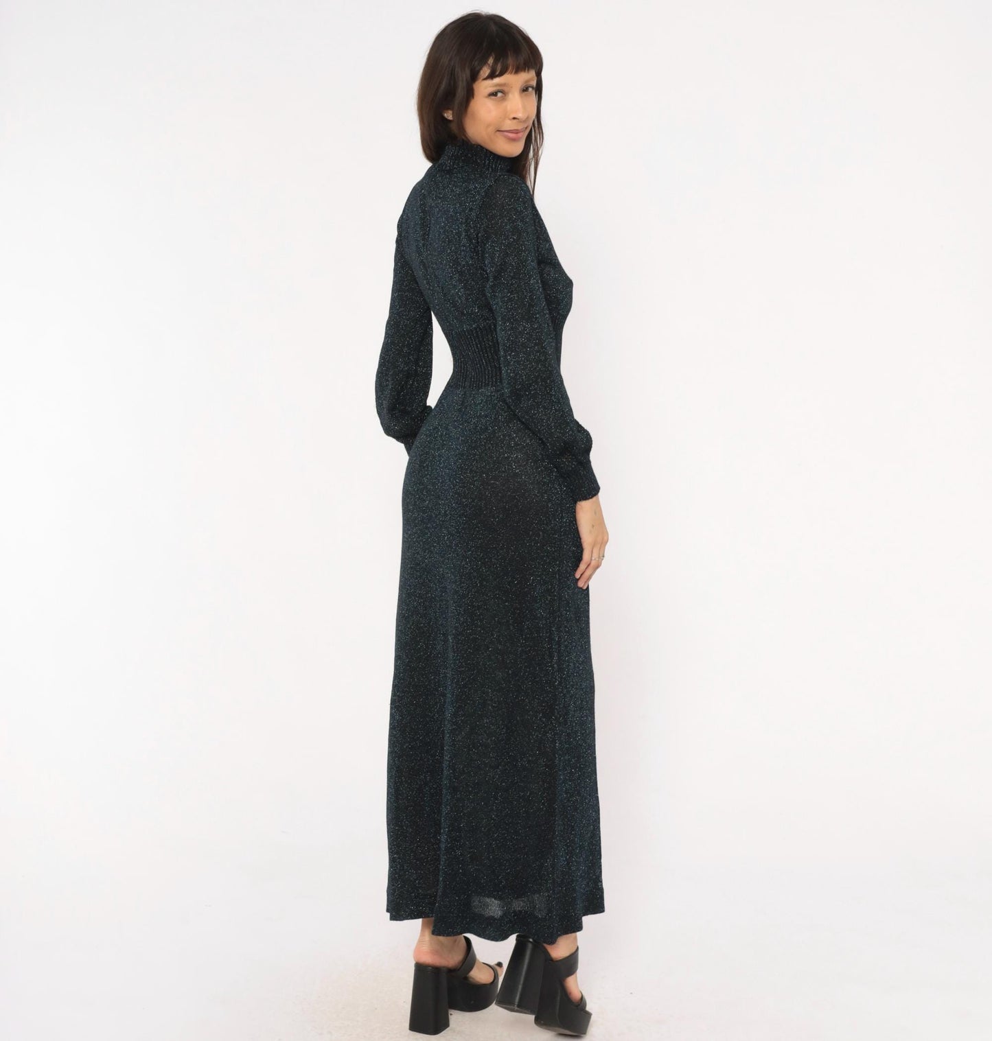 70s Wenjilli Navy Lurex Knit Maxi Dress Metallic Chevron Panel Bishop Sleeve Small