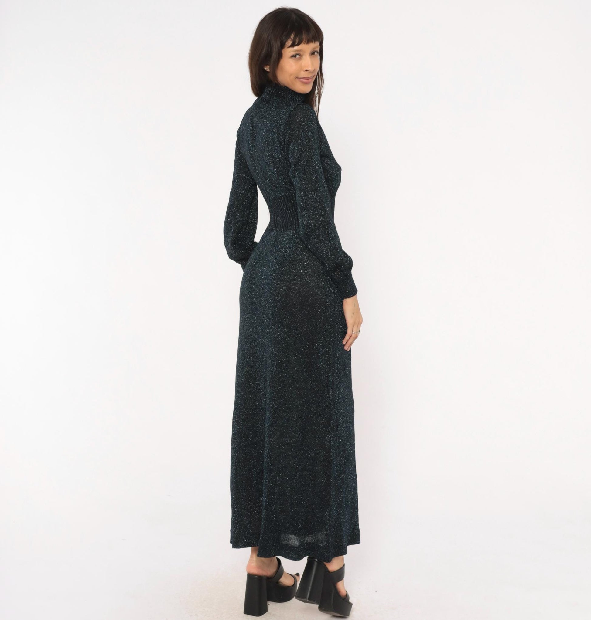 70s Wenjilli Navy Lurex Knit Maxi Dress Metallic Chevron Panel Bishop Sleeve Small