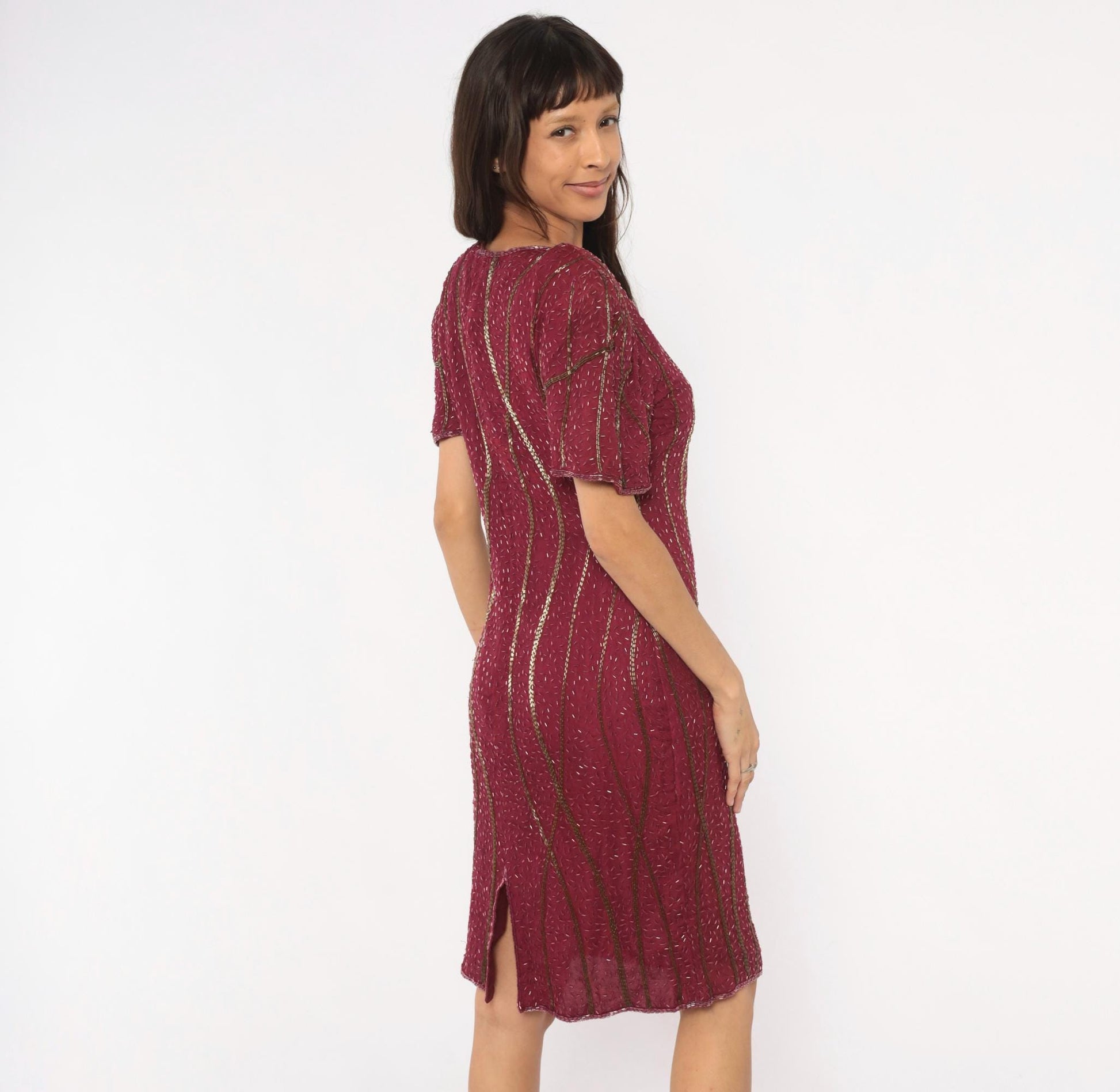 80s Sweelo Burgundy Beaded Dress Gold Bugle Bead Stripes Knee-Length Medium