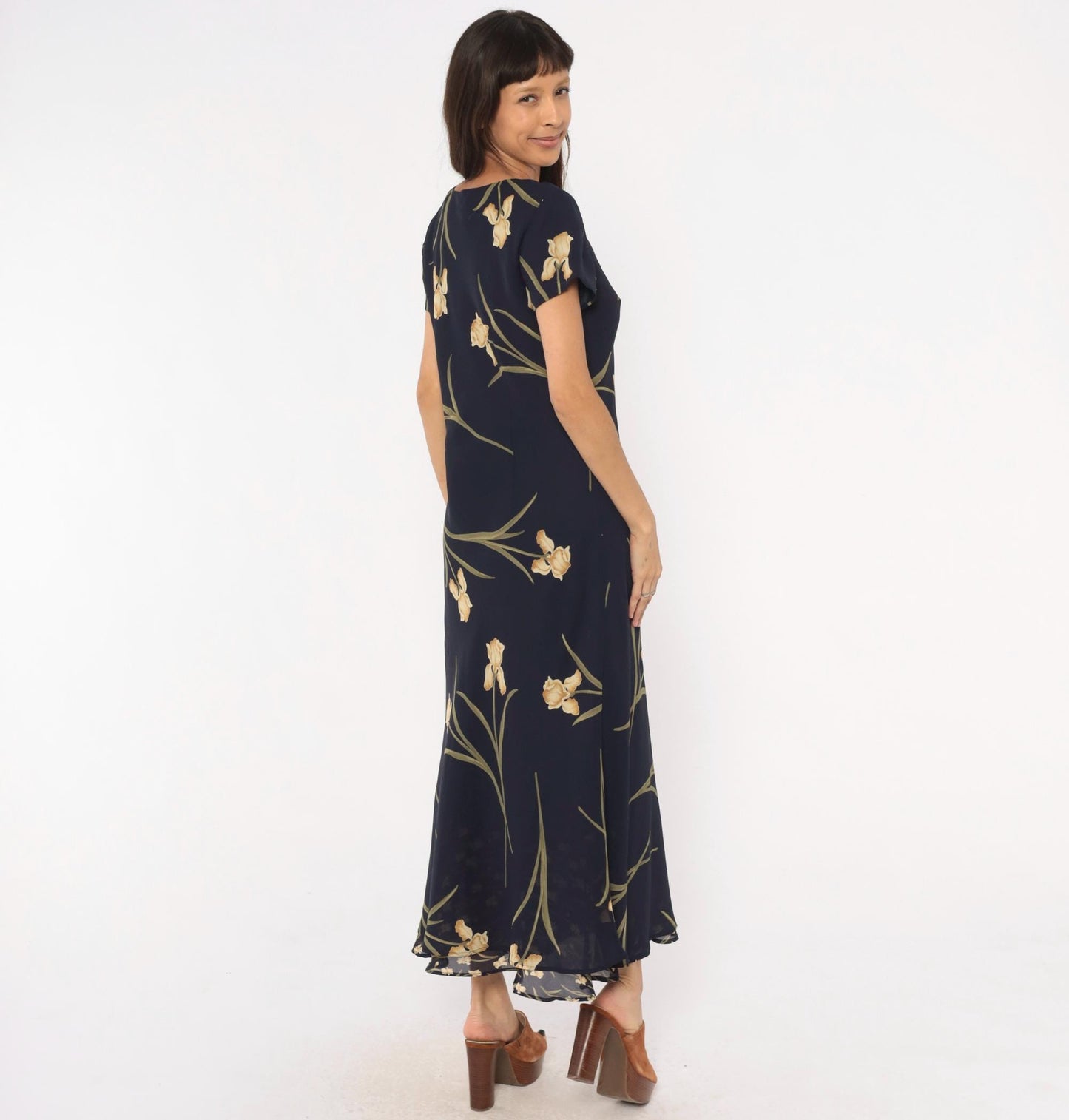 90s Jessica Howard Navy Iris Maxi Dress Botanical Print Medium M