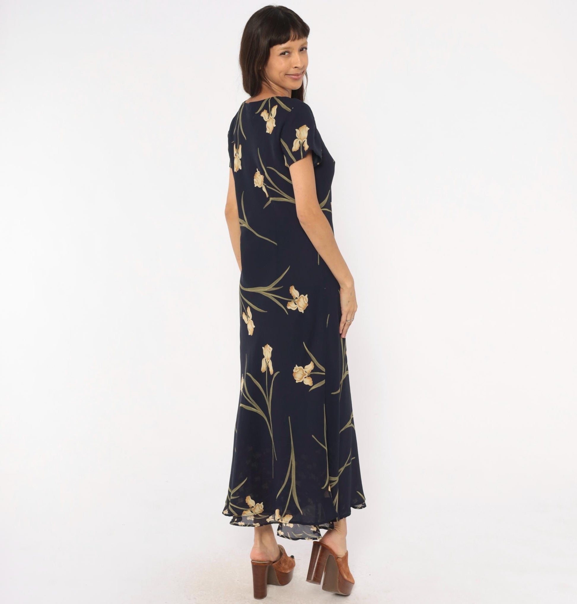 90s Jessica Howard Navy Iris Maxi Dress Botanical Print Medium M