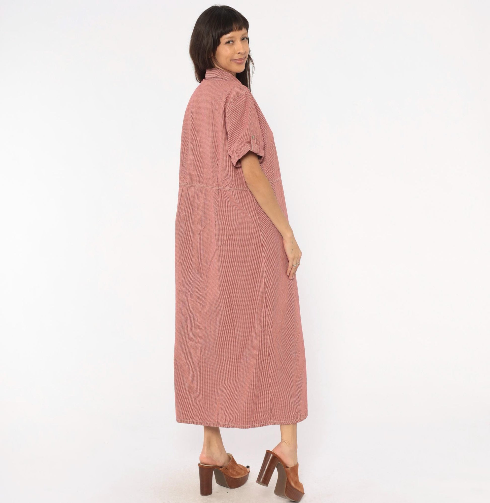 90s White Stag Gingham Shirtdress Red Cream Check Cotton Maxi Extra Large
