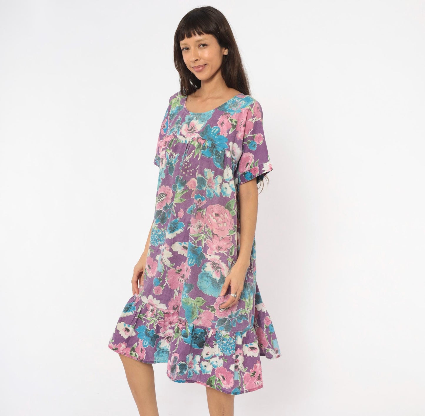 80s CW Classics Floral Watercolor Cotton Dress Purple Pink Blue Knee Length Small