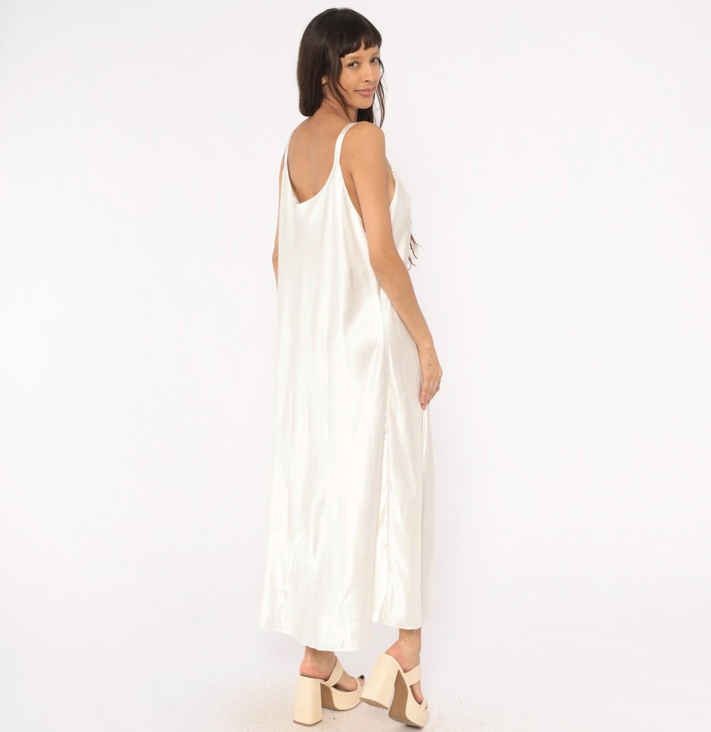 90s Oscar De La Renta Cream Satin Slip Dress Bow Detail Ankle Length Plus Size 1X