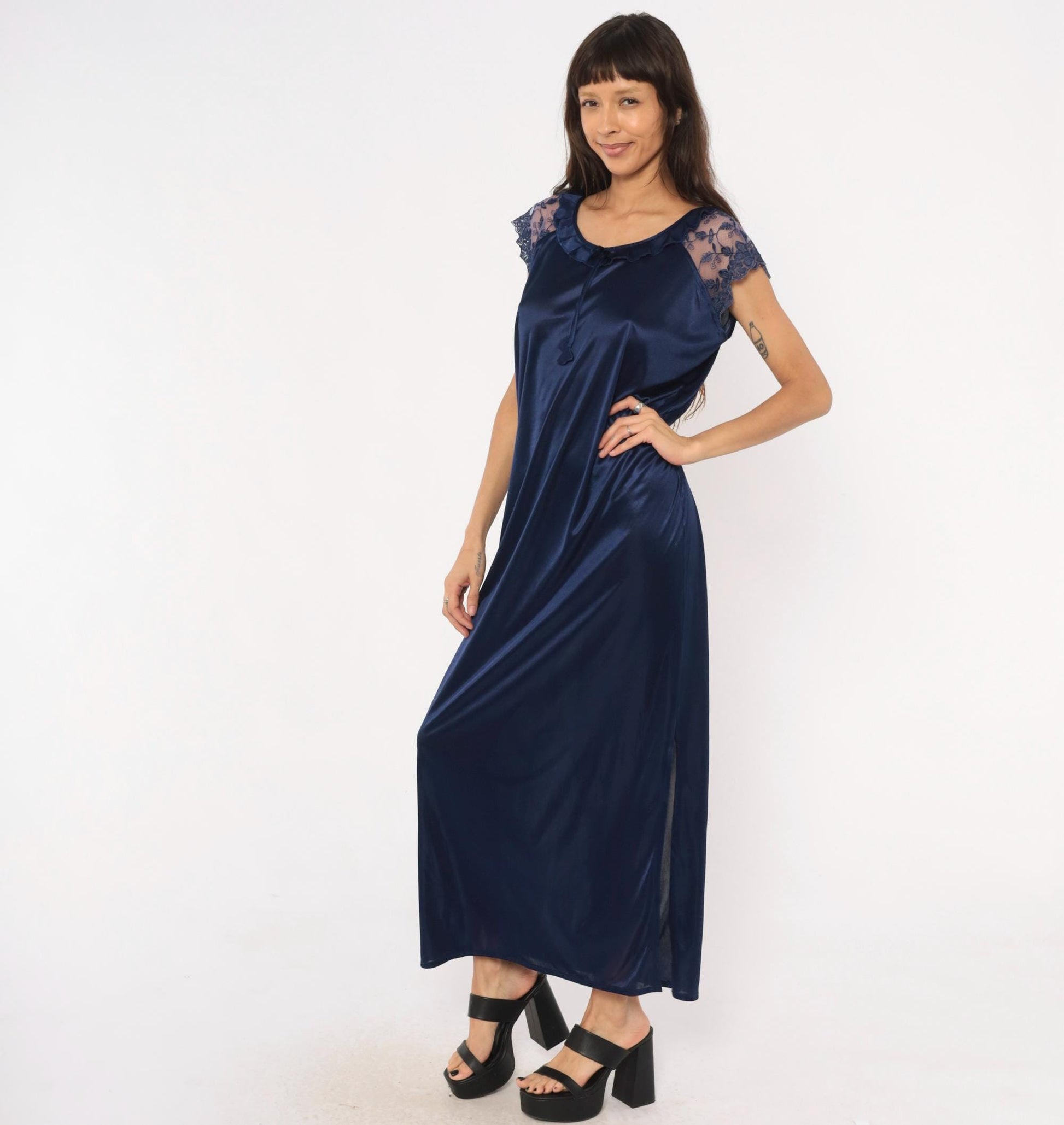 80s Navy Satin Nightgown Lace Cap Sleeve V-Neck Maxi Slip Dress Large