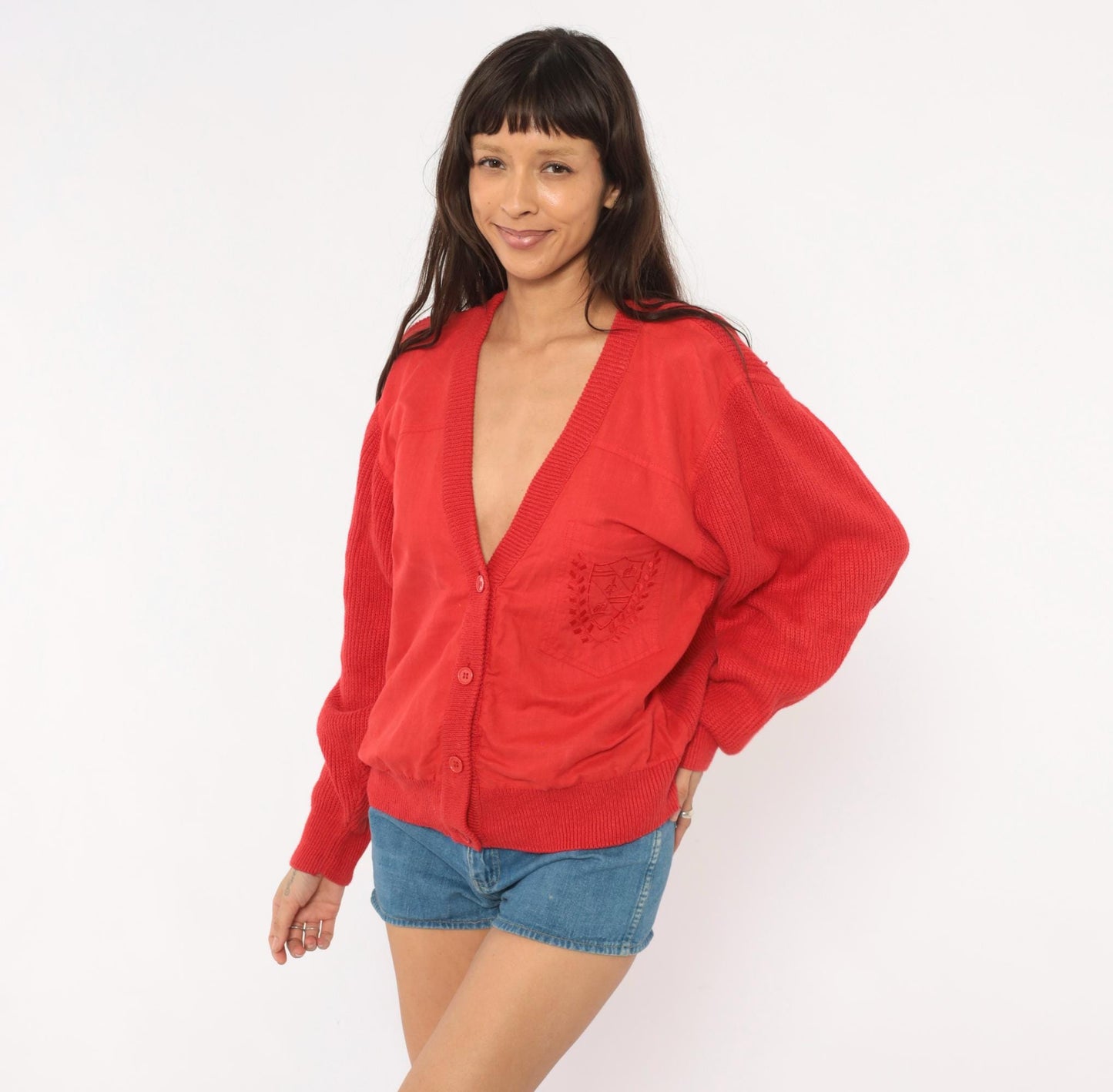 90s Shartex Red Cardigan V-Neck Button Front Knit Embroidered Crest Large L