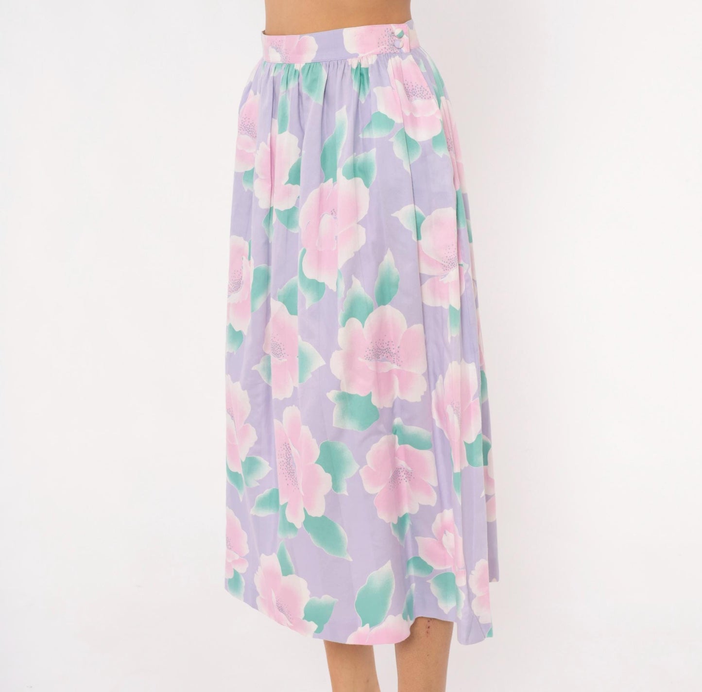 80s Prophecy Floral Midi Skirt Lavender Pink Rose Print Cotton Medium M