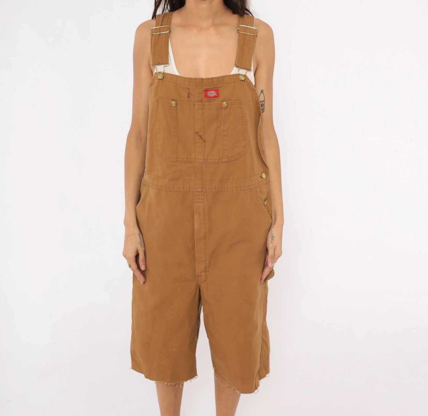Dickies Canvas Bib Shortalls Cut-Off Shorts Tan Cargo Workwear Large L