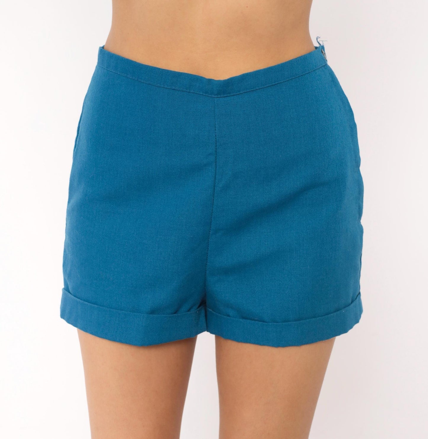 70s Teal High-Waisted Shorts Cotton V-Shaped Waistband Cuffed Small S