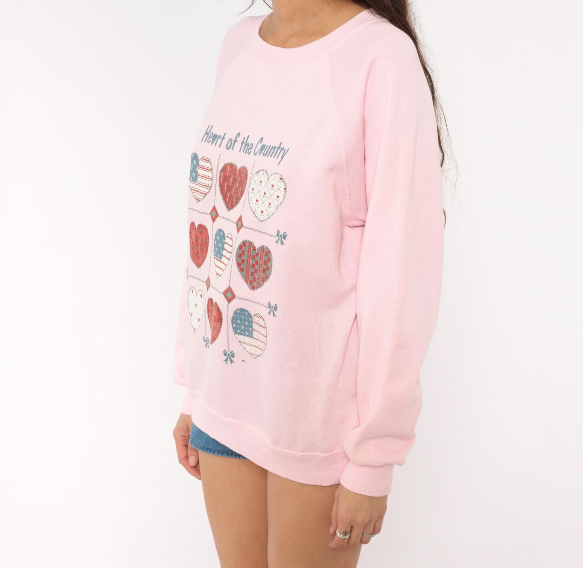90s Heart of the Country Pink Patchwork Sweatshirt Raglan Cotton Medium M