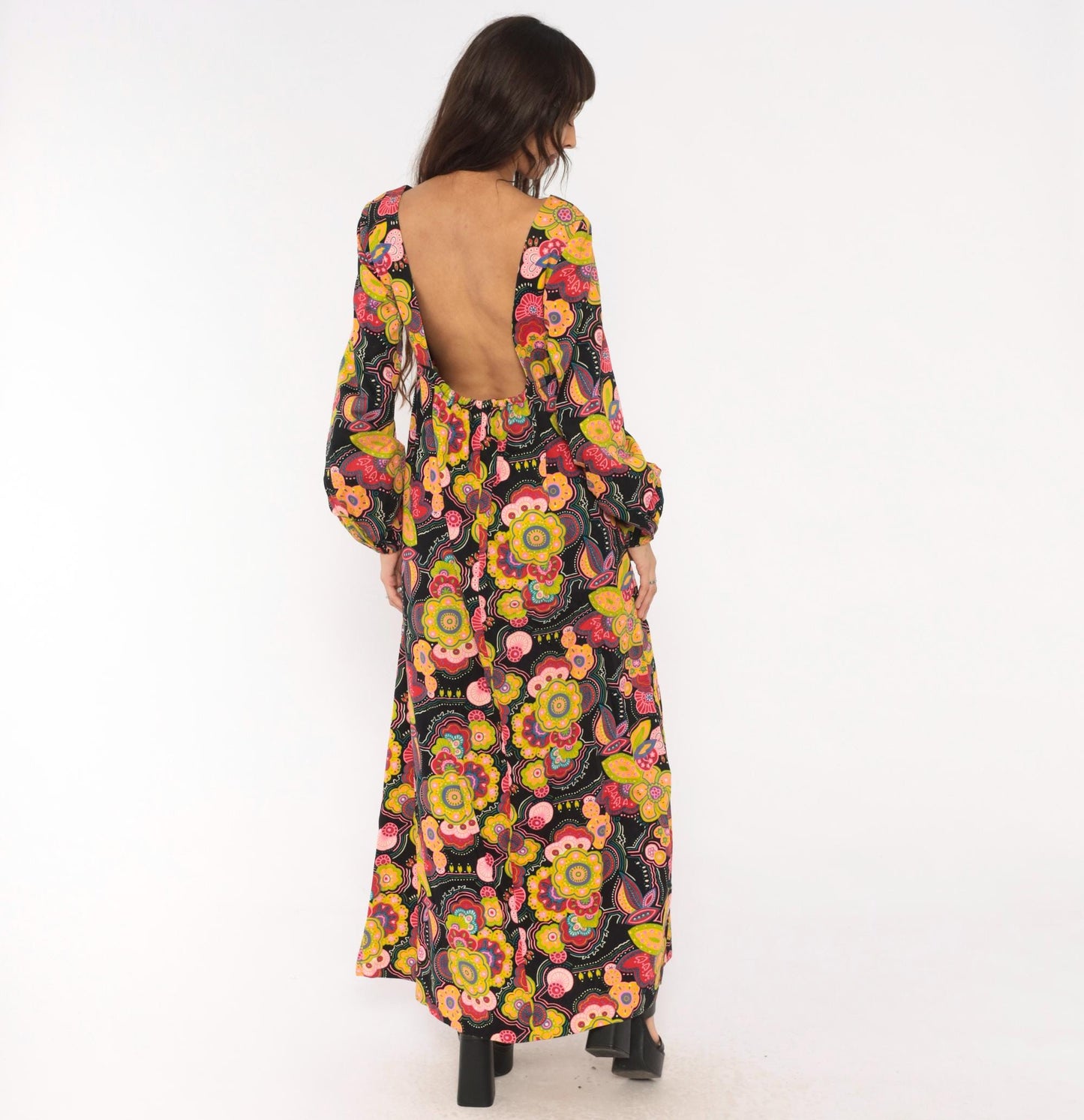 70s Psychedelic Floral Maxi Dress Black Pink Open Back Empire Waist Medium Large