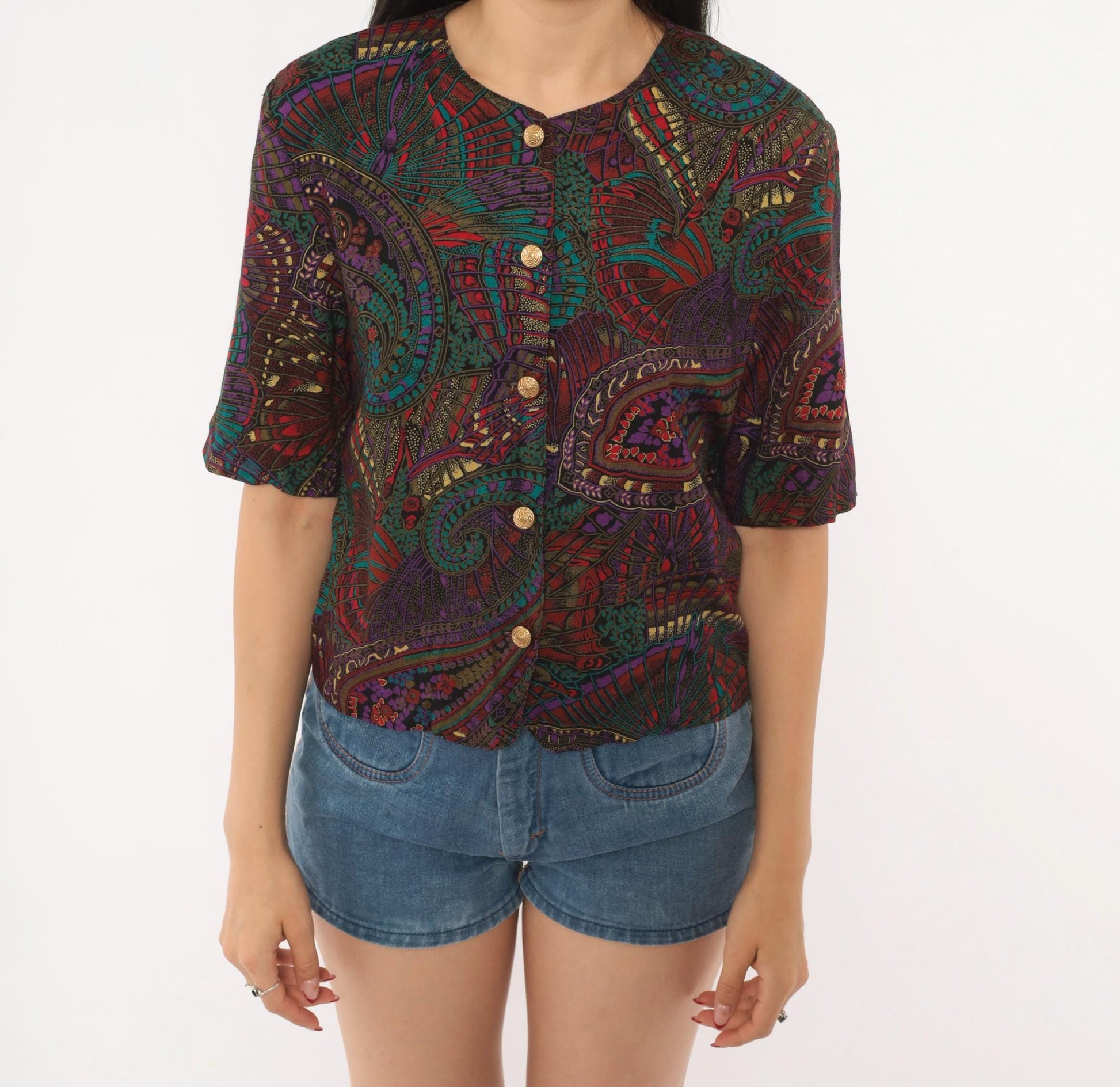 80s Norton Mcnaughton Paisley Button Blouse Teal Purple Gold Small S