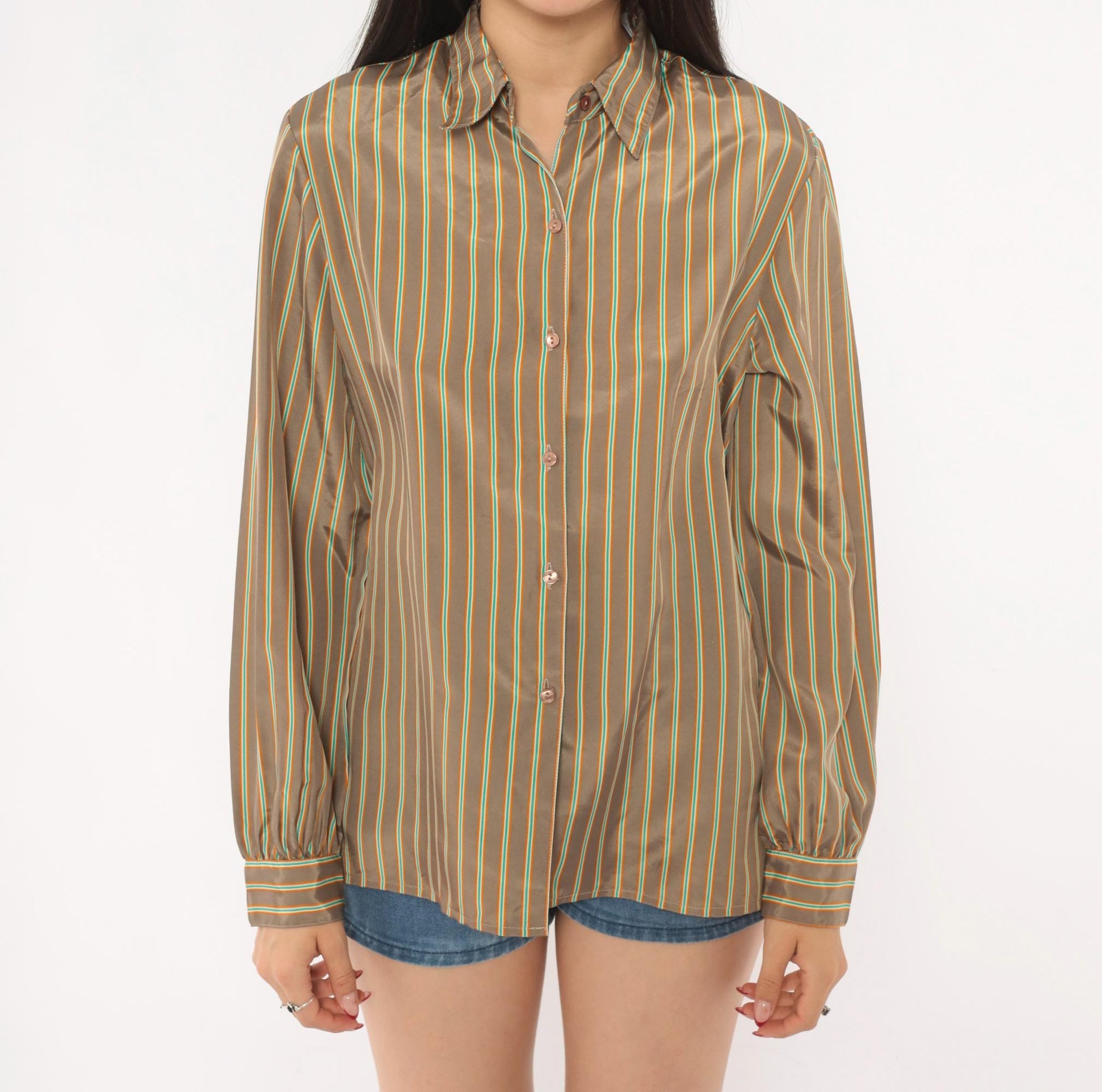 80s Jebb Levy Striped Button-Up Shirt Tan Teal Yellow Pinstripe Medium
